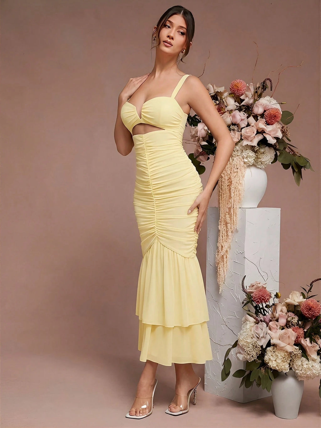 L'Amorae Floral Ruched Purple Mermaid Hem With Cutout Details Dress,