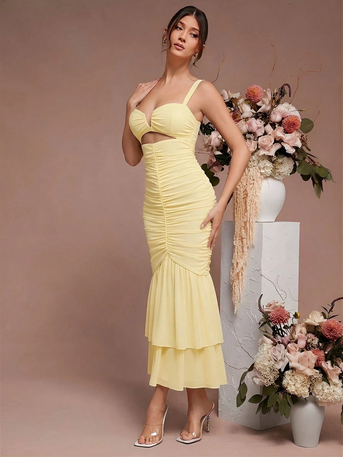 L'Amorae Floral Ruched Purple Mermaid Hem With Cutout Details Dress,