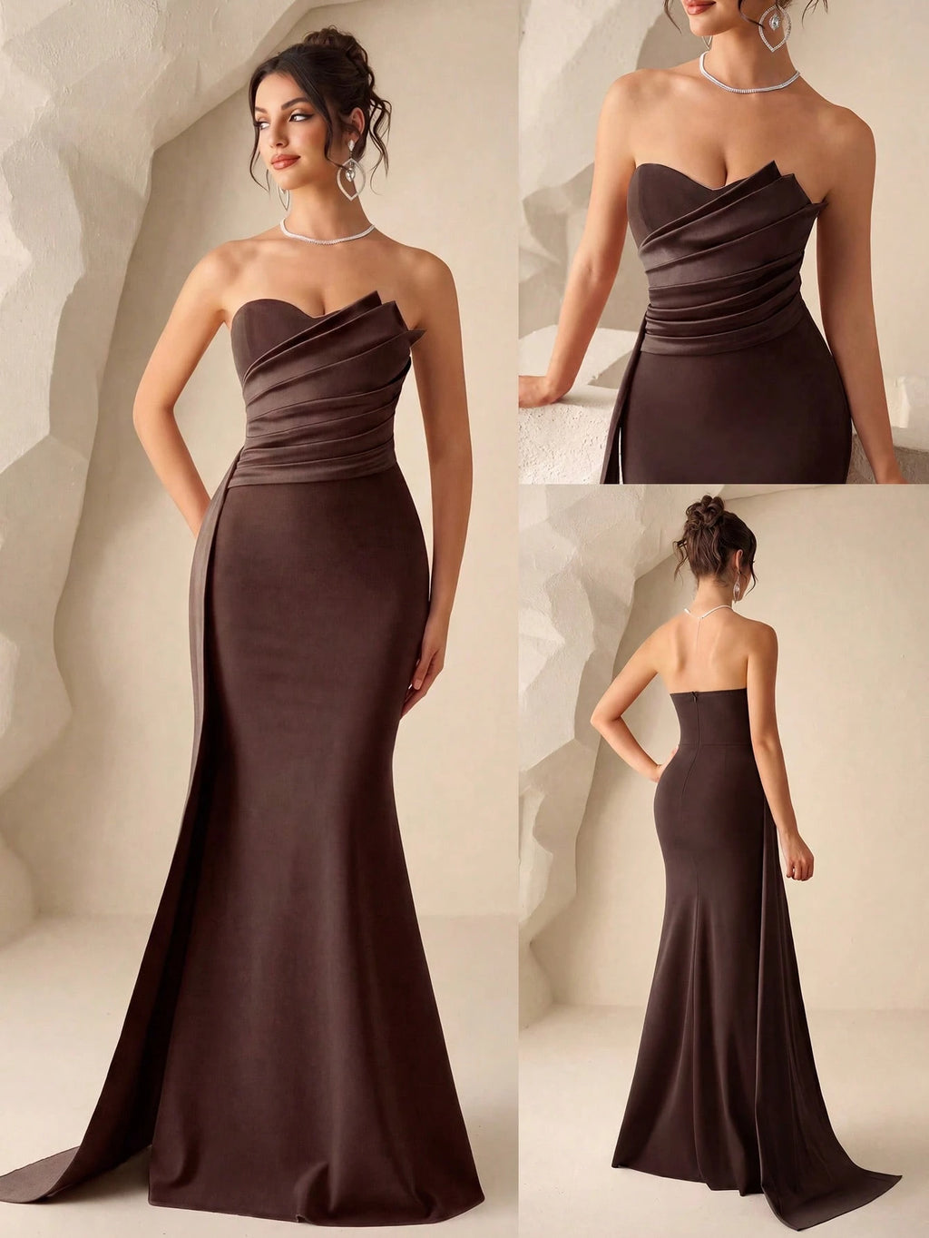 Coutiva Women's Burgundy Summer Elegant Formal Wedding Dress,Ruched Fishtail Hem Strapless Bridesmaid - image 13
