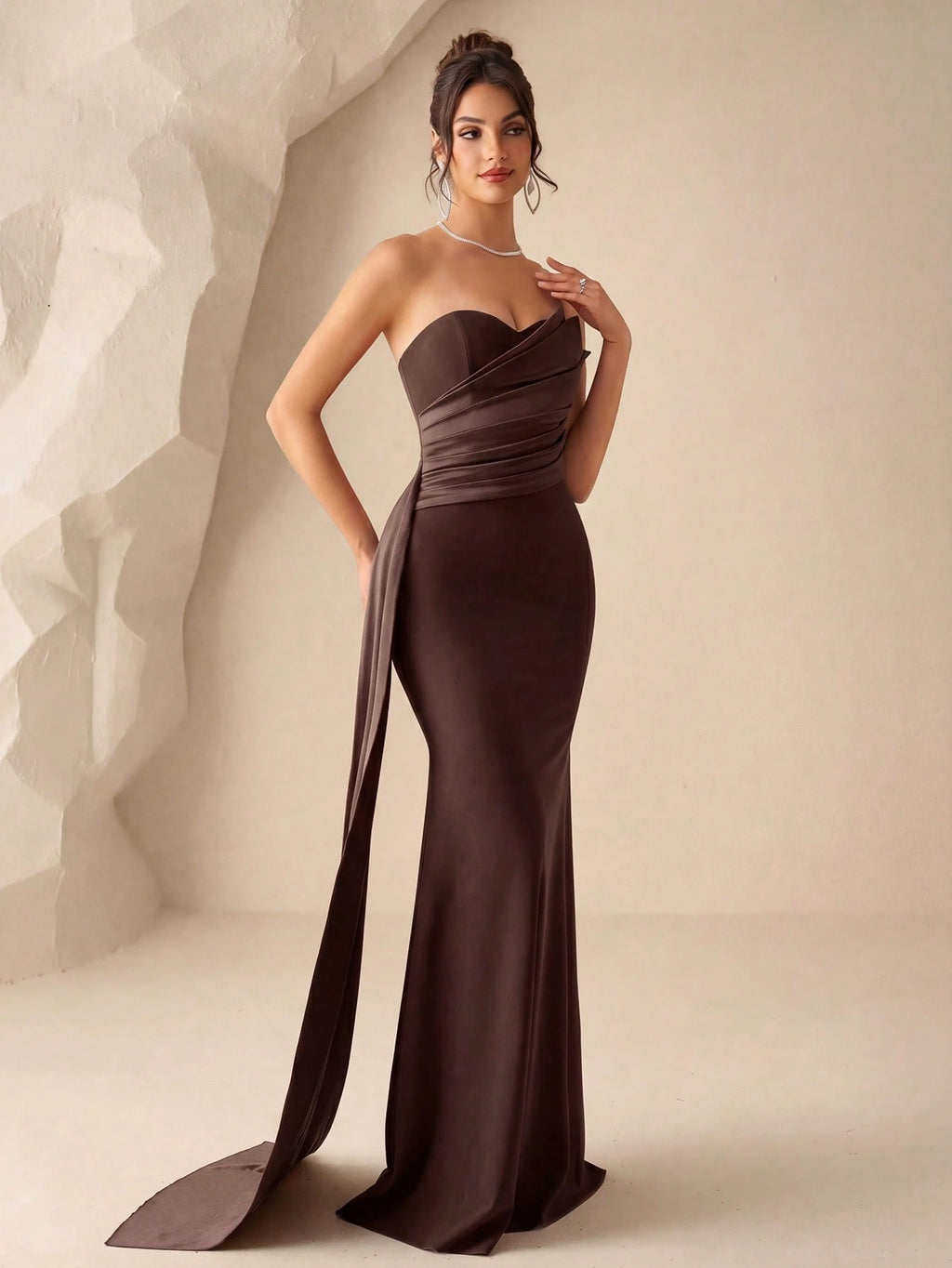 Coutiva Women's Burgundy Summer Elegant Formal Wedding Dress,Ruched Fishtail Hem Strapless Bridesmaid - image 14