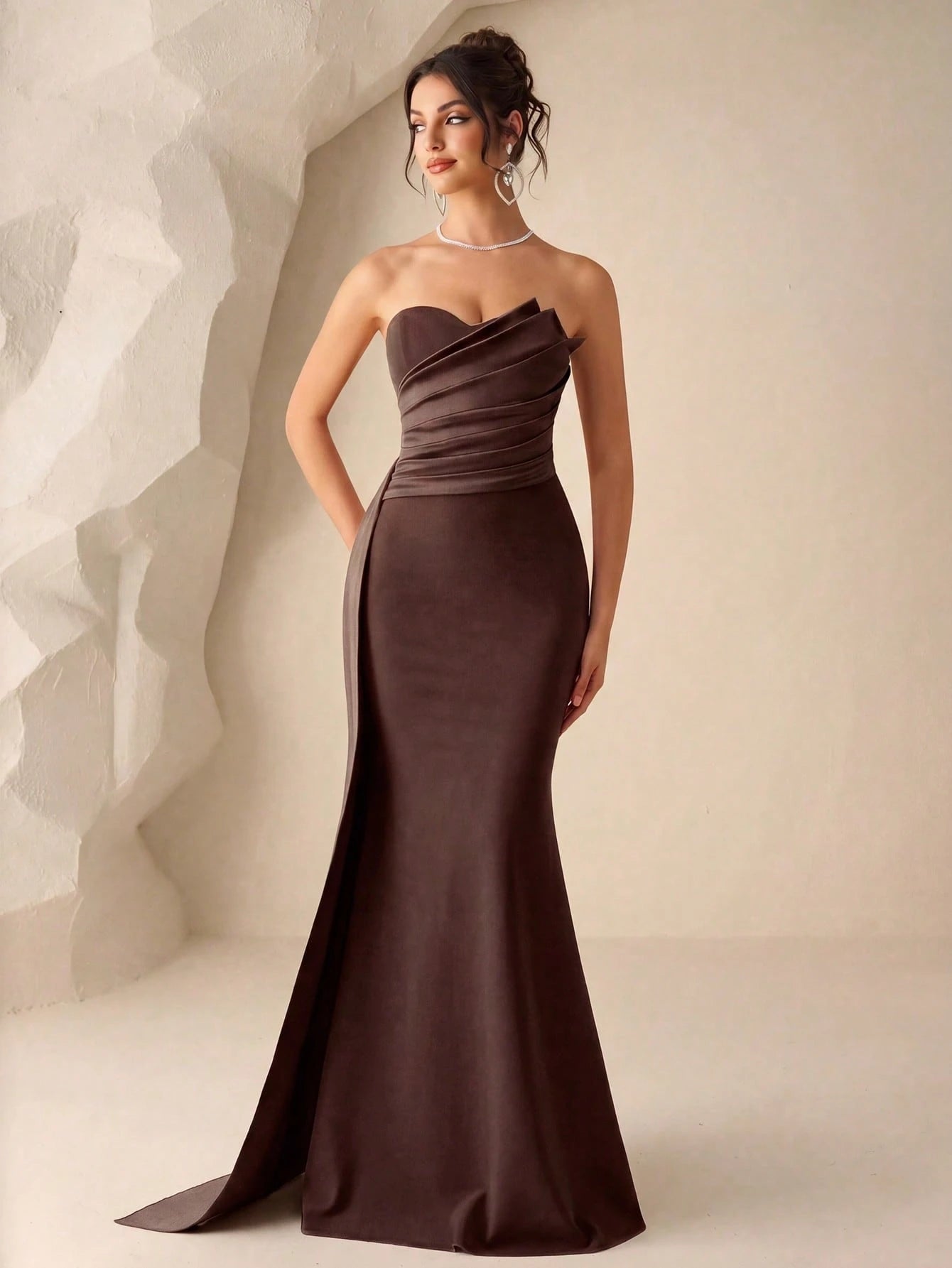 Coutiva Women's Burgundy Summer Elegant Formal Wedding Dress,Ruched Fishtail Hem Strapless Bridesmaid - image 16