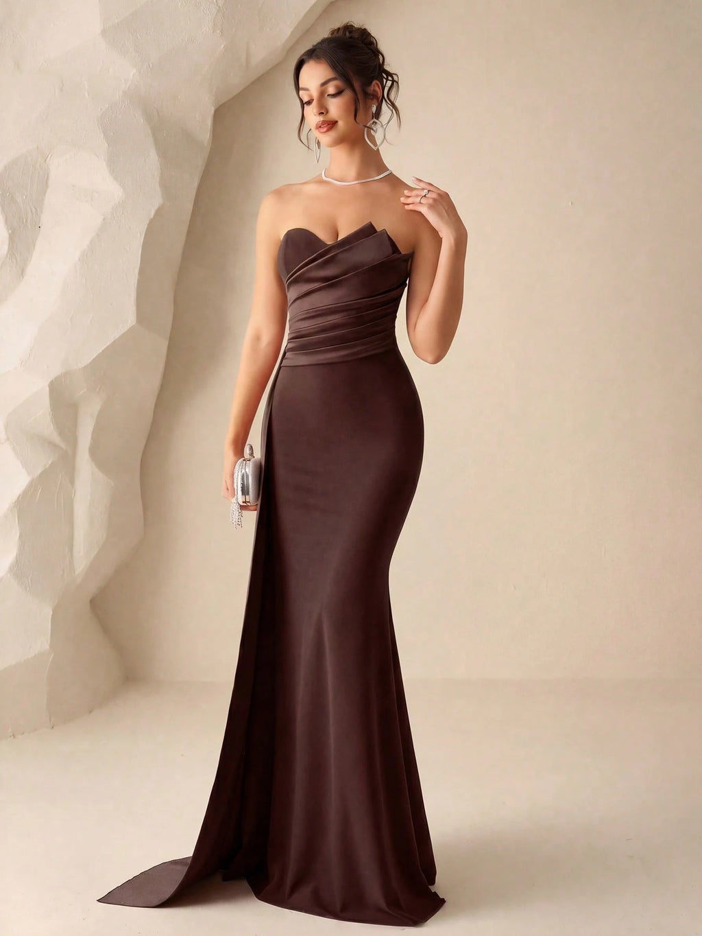 Coutiva Women's Burgundy Summer Elegant Formal Wedding Dress,Ruched Fishtail Hem Strapless Bridesmaid - image 17