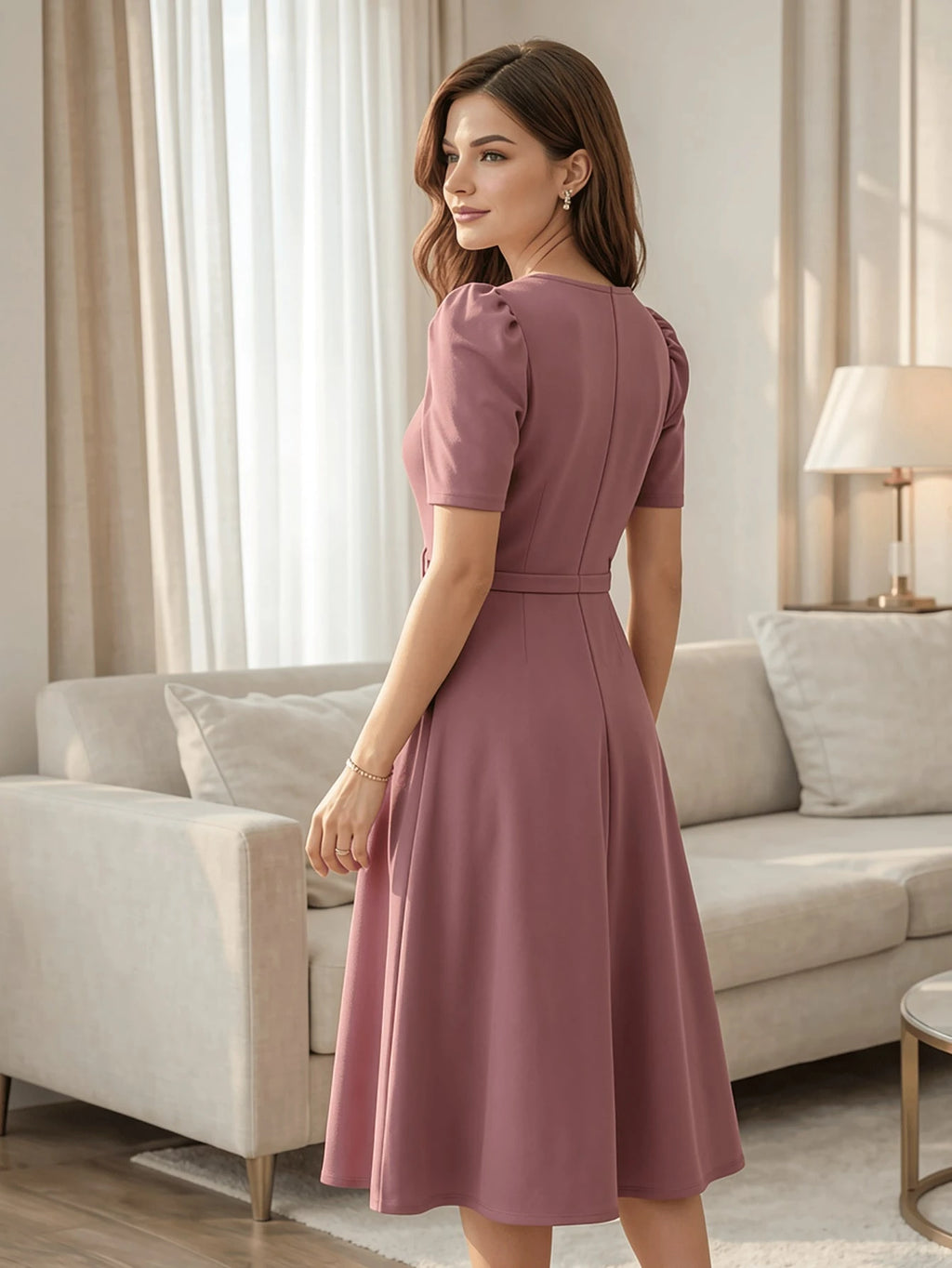 Red Elegant Belted Short Sleeve Midi Dress For Women Casual A Line Flare Skirt Spring Summer Daily Going Out - image 7