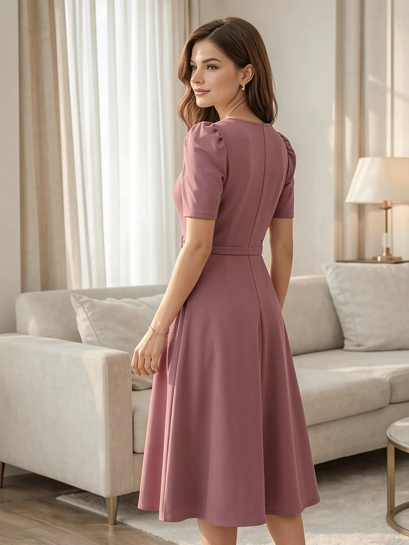 Red Elegant Belted Short Sleeve Midi Dress For Women Casual A Line Flare Skirt Spring Summer Daily Going Out - image 7