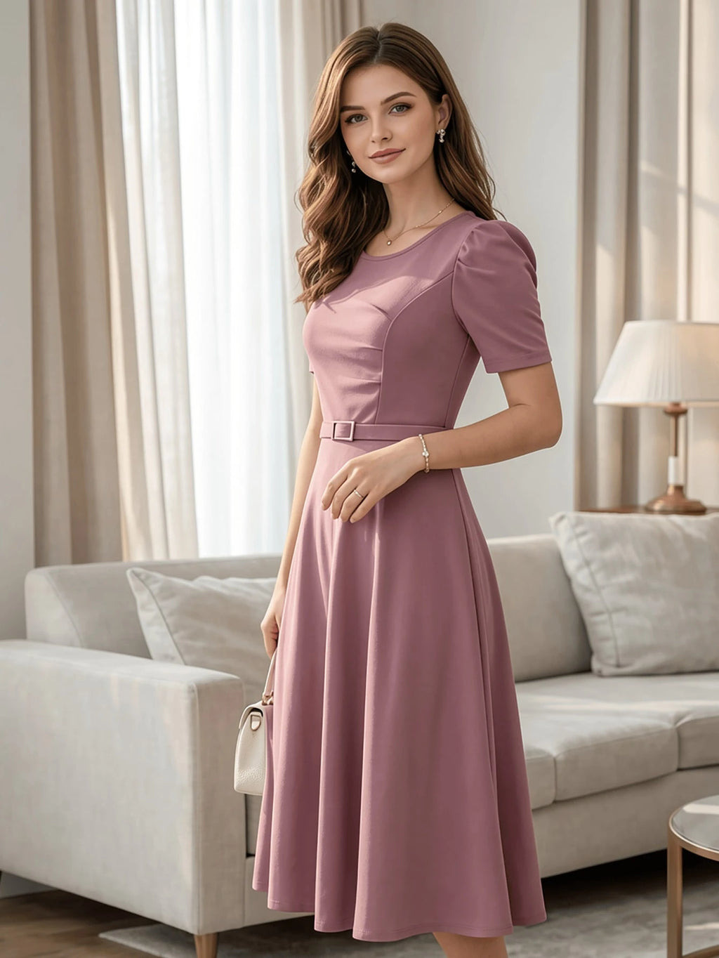 Red Elegant Belted Short Sleeve Midi Dress For Women Casual A Line Flare Skirt Spring Summer Daily Going Out - image 8