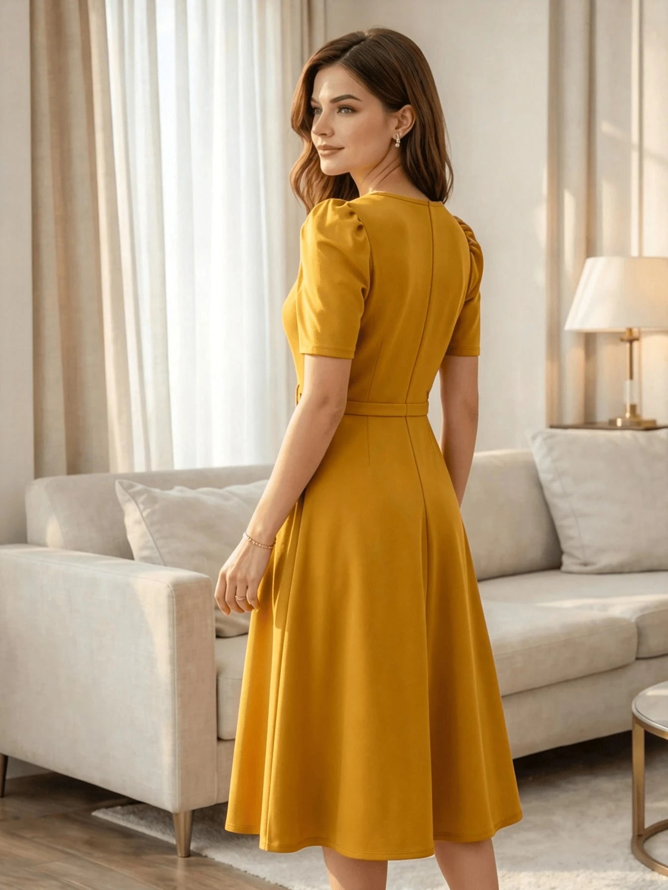 Red Elegant Belted Short Sleeve Midi Dress For Women Casual A Line Flare Skirt Spring Summer Daily Going Out - image 12