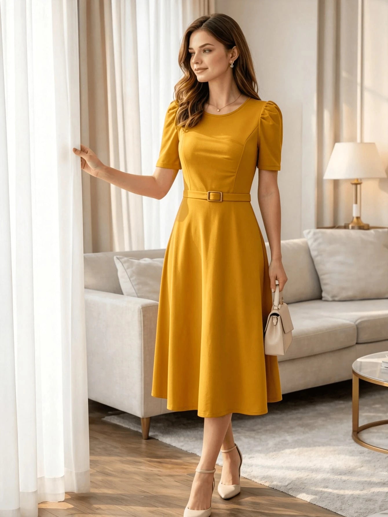 Red Elegant Belted Short Sleeve Midi Dress For Women Casual A Line Flare Skirt Spring Summer Daily Going Out - image 11