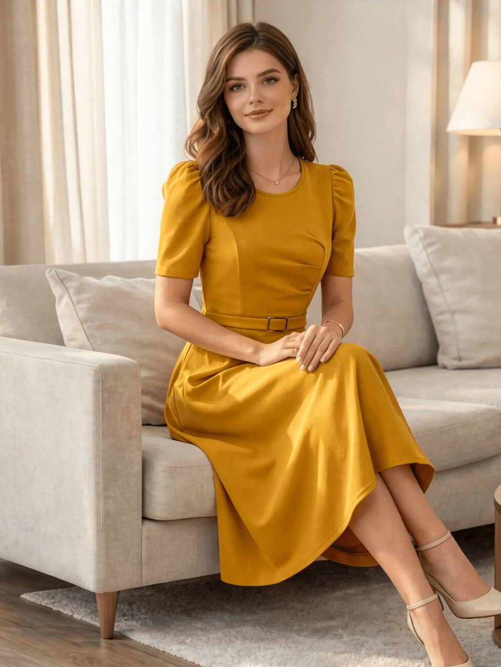 Red Elegant Belted Short Sleeve Midi Dress For Women Casual A Line Flare Skirt Spring Summer Daily Going Out - image 15