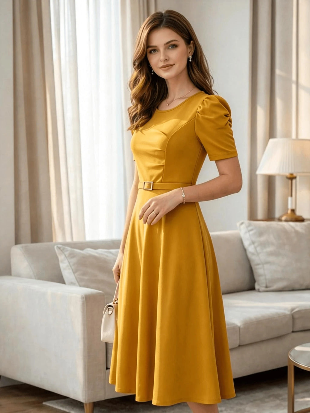 Red Elegant Belted Short Sleeve Midi Dress For Women Casual A Line Flare Skirt Spring Summer Daily Going Out - image 14