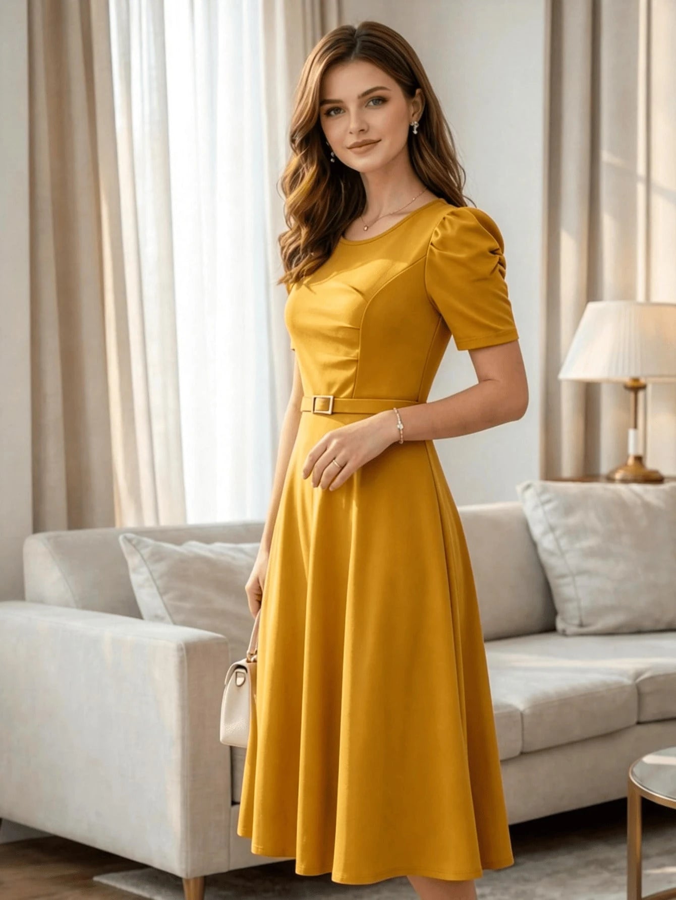 Red Elegant Belted Short Sleeve Midi Dress For Women Casual A Line Flare Skirt Spring Summer Daily Going Out - image 14