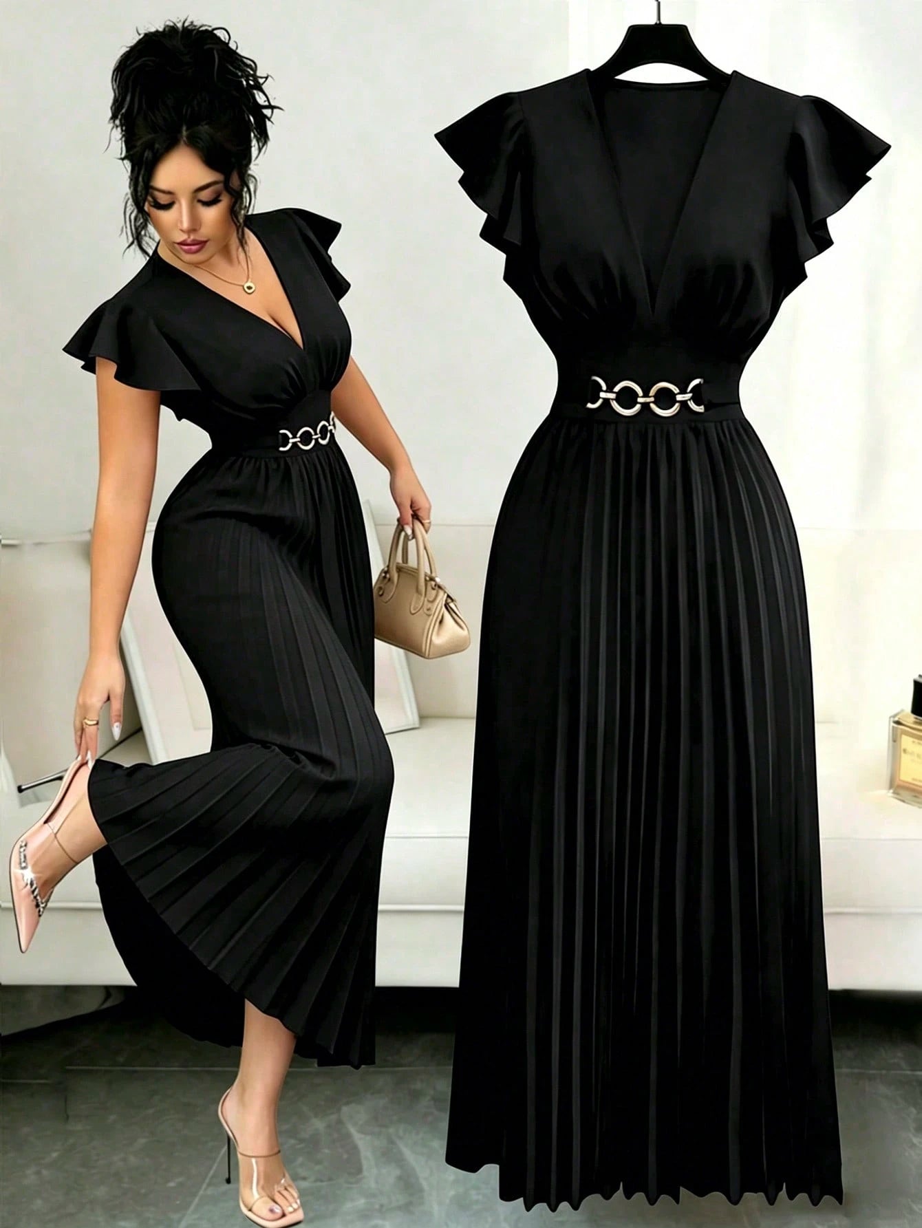Elenzga New V-Neck Ruffle Sleeve Woven Solid Color Metal Decor