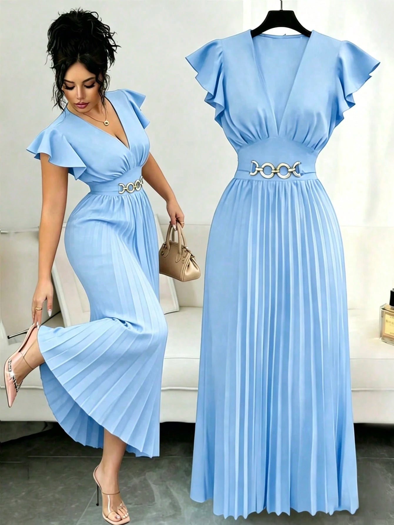 Elenzga New V-Neck Ruffle Sleeve Woven Solid Color Metal Decor