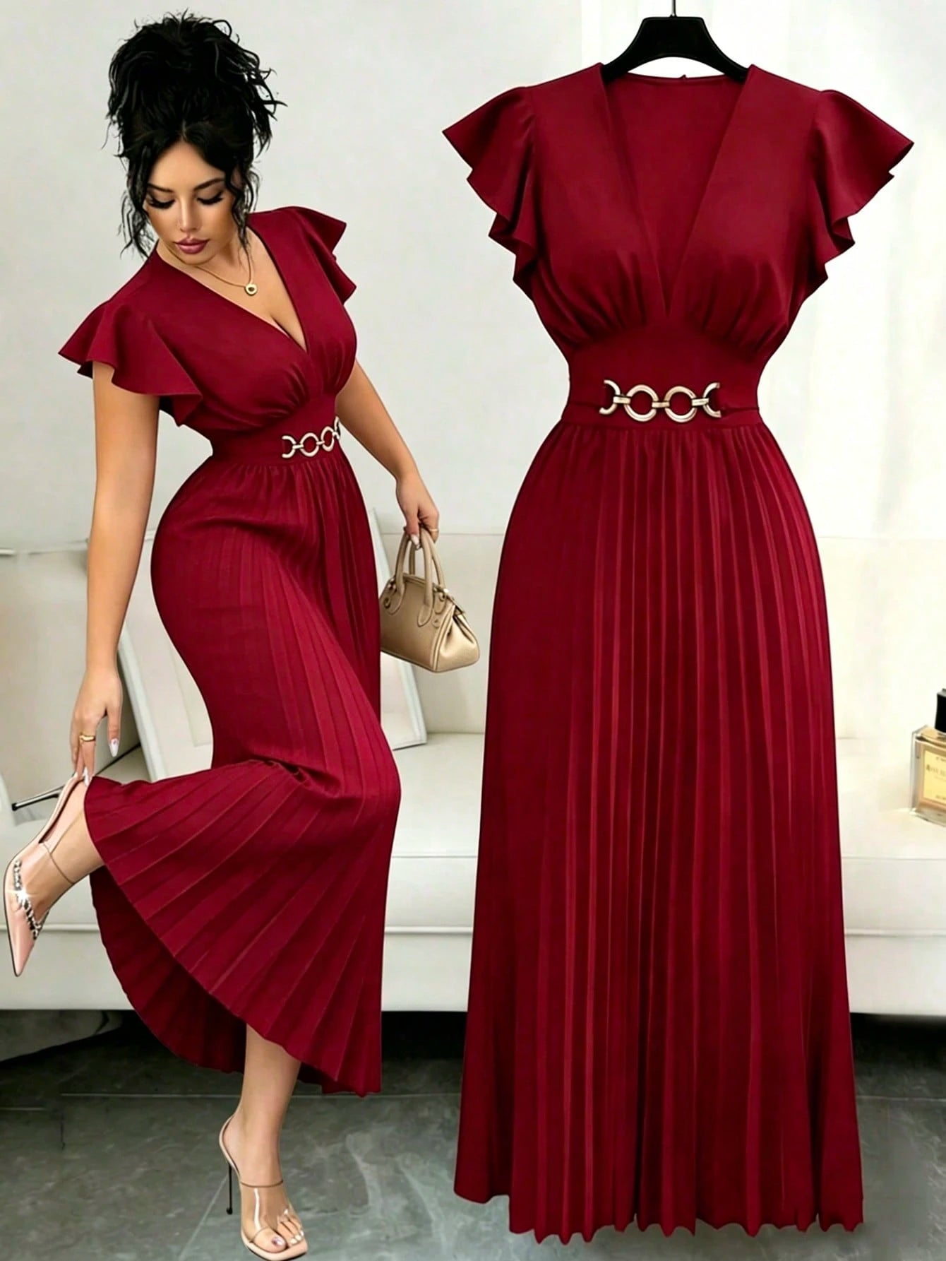 Elenzga New V-Neck Ruffle Sleeve Woven Solid Color Metal Decor