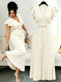 Elenzga New V-Neck Ruffle Sleeve Woven Solid Color Metal Decor