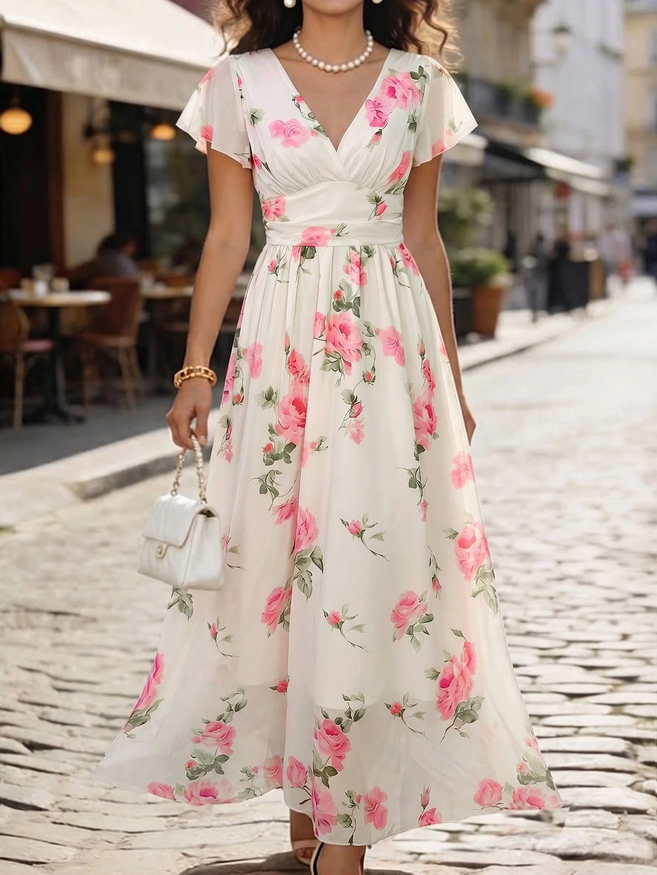 Balvessa V-Neck Elegant Ruffle Hem Floral Print Waist Cinched A-Line