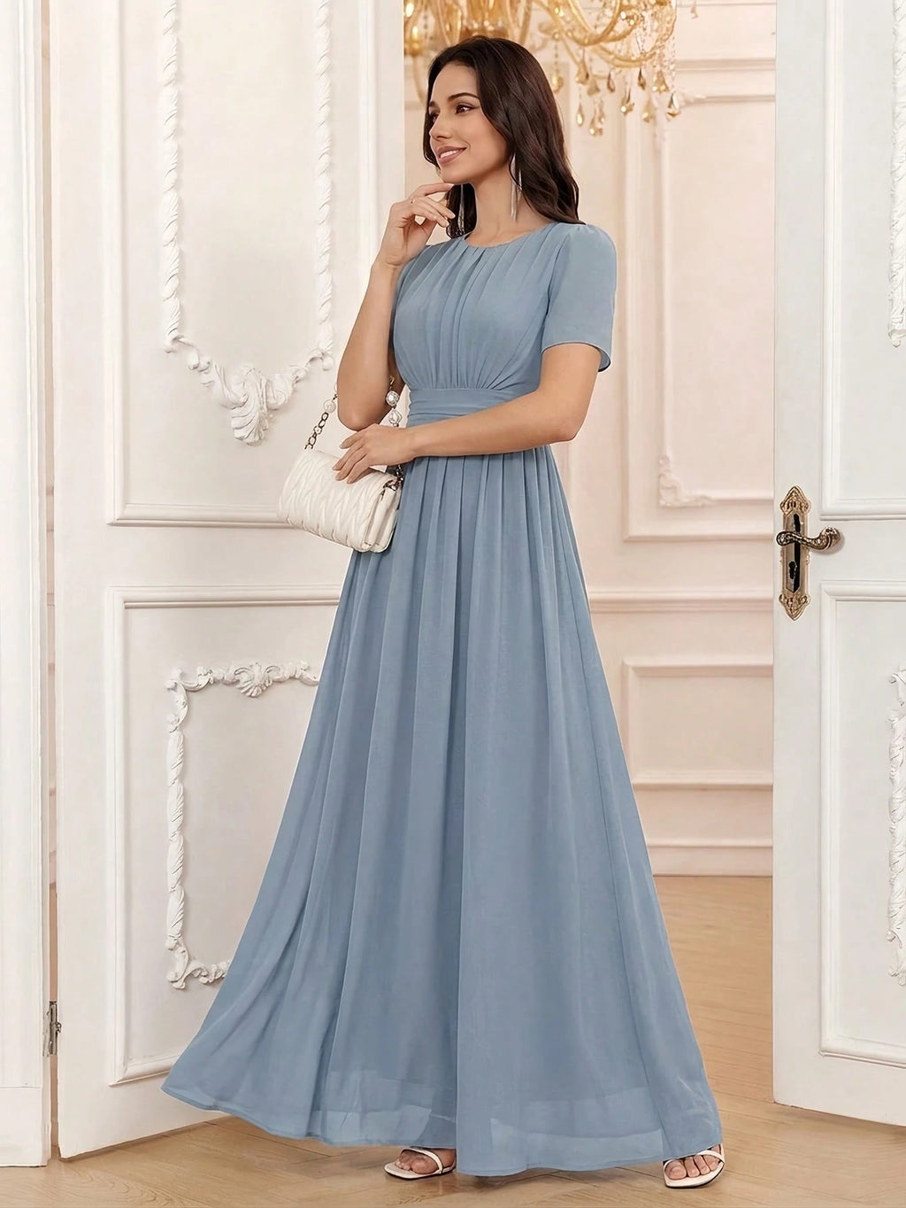 Volly Toych Elegant Chiffon Long Bridesmaid Dress, Short Regular Sleeves, Pleated Bust, Round Neck Design, - image 10