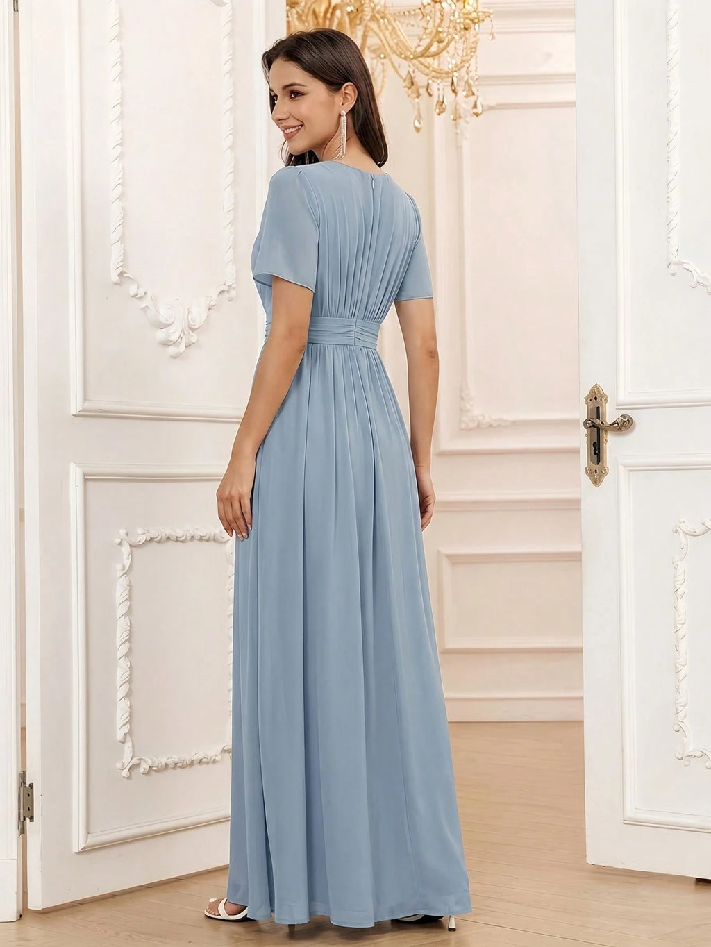 Volly Toych Elegant Chiffon Long Bridesmaid Dress, Short Regular Sleeves, Pleated Bust, Round Neck Design, - image 12