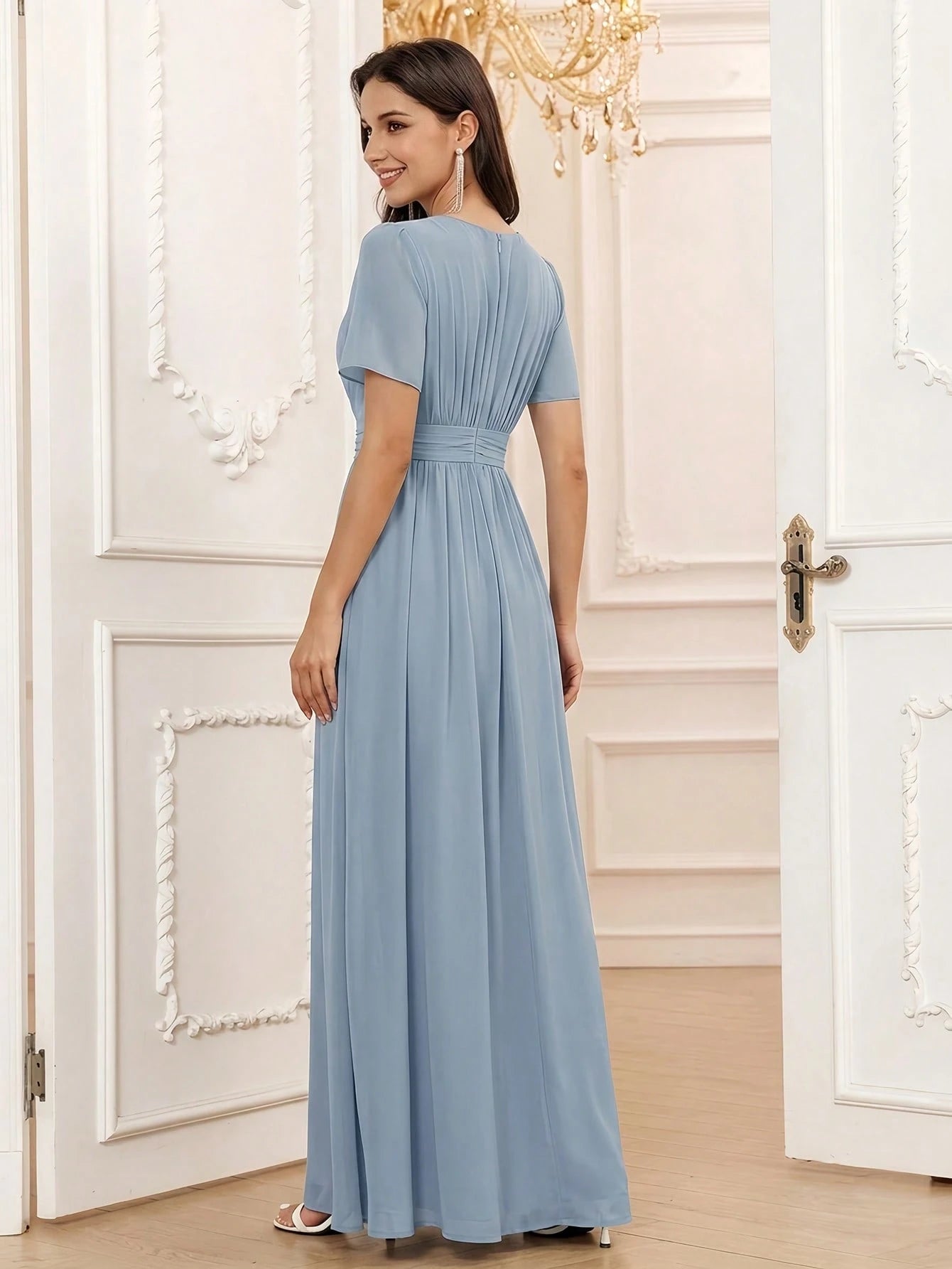 Volly Toych Elegant Chiffon Long Bridesmaid Dress, Short Regular Sleeves, Pleated Bust, Round Neck Design, - image 12