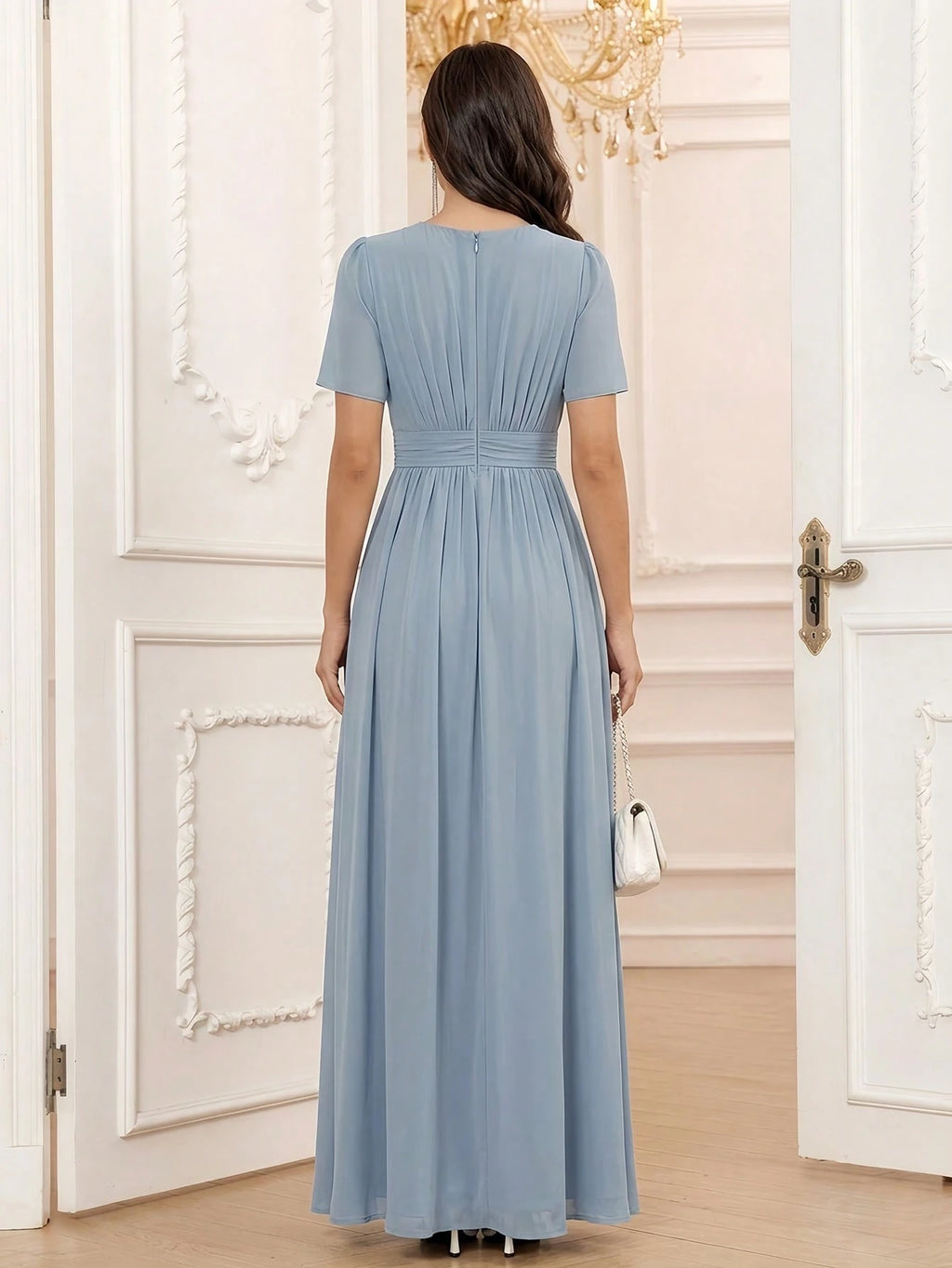 Volly Toych Elegant Chiffon Long Bridesmaid Dress, Short Regular Sleeves, Pleated Bust, Round Neck Design, - image 8
