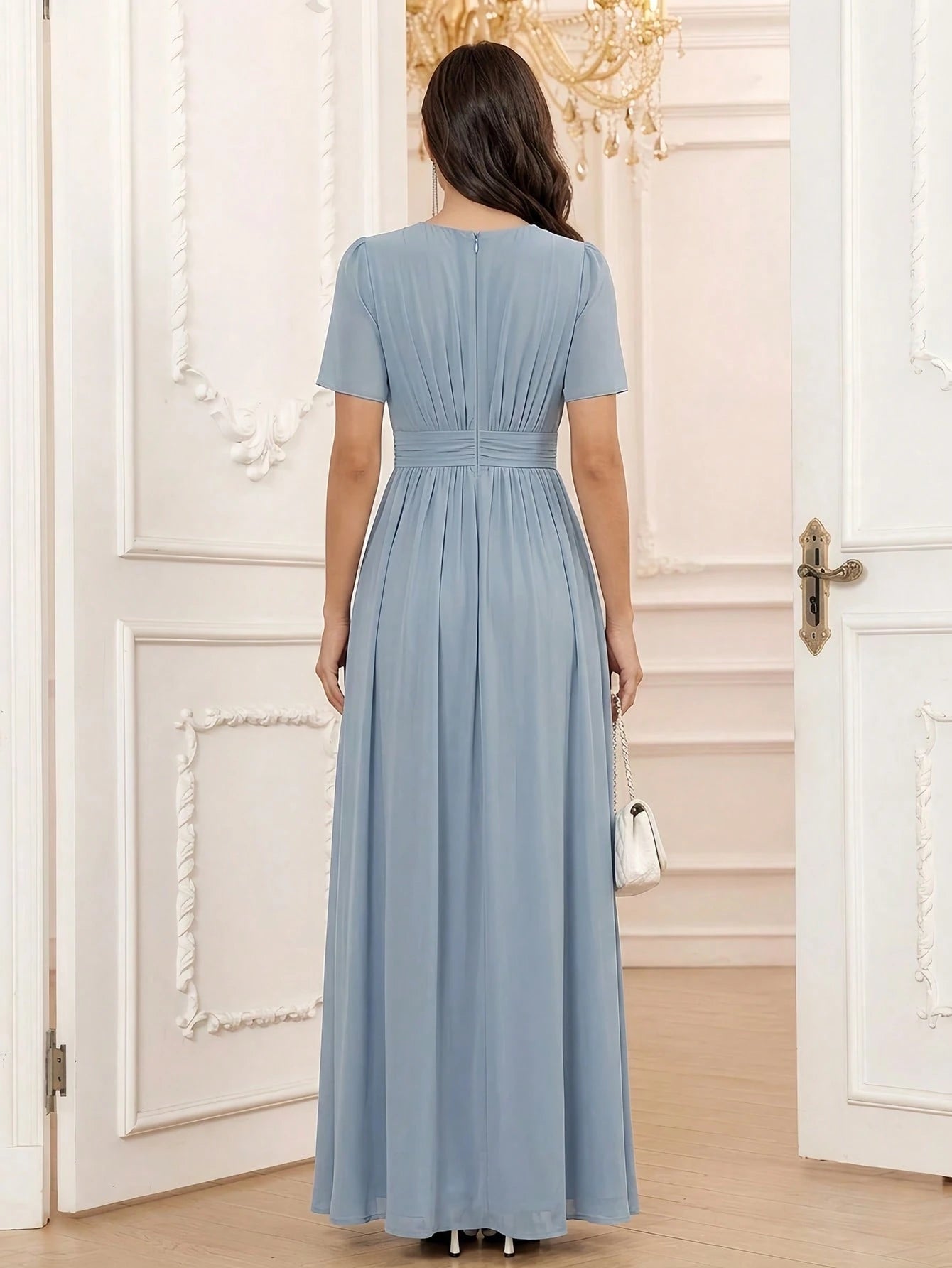 Volly Toych Elegant Chiffon Long Bridesmaid Dress, Short Regular Sleeves, Pleated Bust, Round Neck Design, - image 8