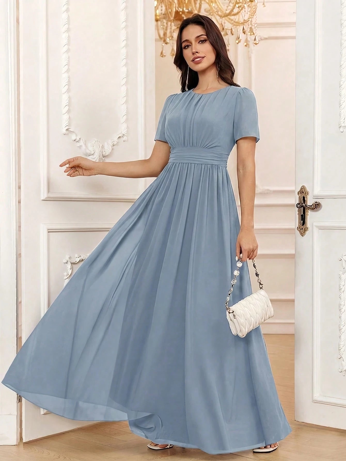 Volly Toych Elegant Chiffon Long Bridesmaid Dress, Short Regular Sleeves, Pleated Bust, Round Neck Design, - image 7