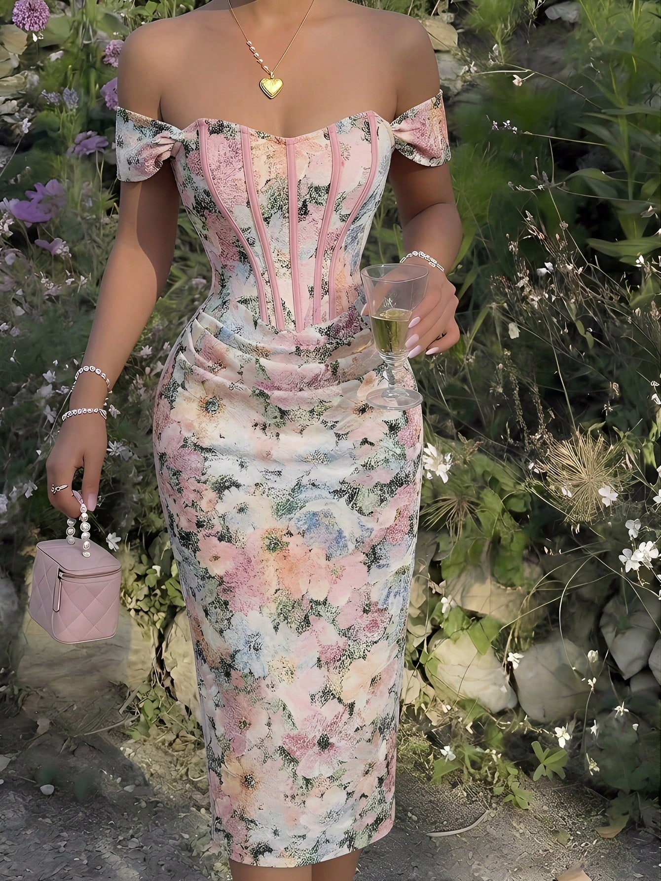 Skyraze Women's Floral Print Off Shoulder Ruched Fitted Dress Wedding Vacation Party Pink And White Polka Dot - image 11