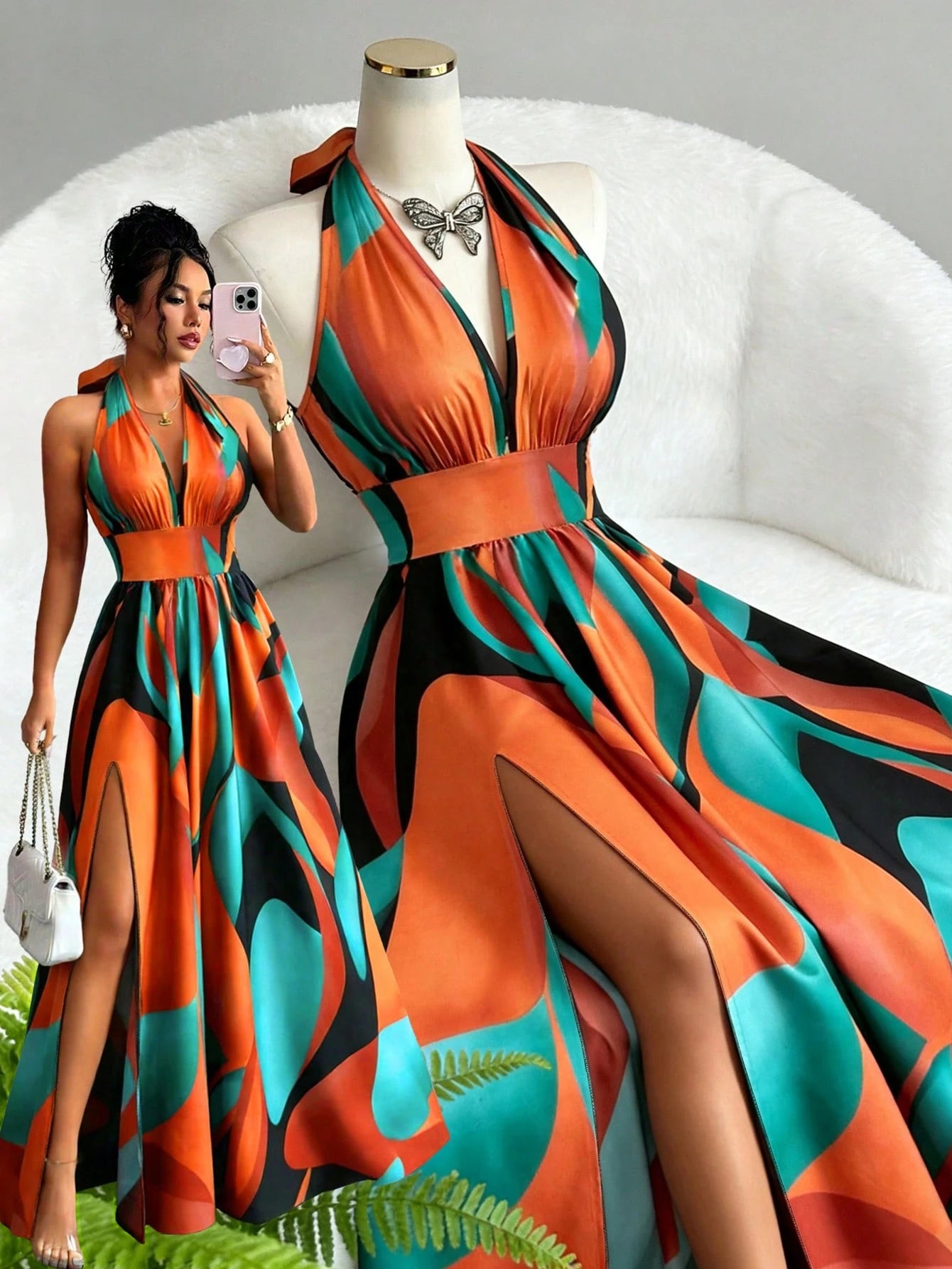 Elenzga Summer Elegant Vacation Women Dress,French Style High-End V-Neck Halter Backless A-Line Split - image 8