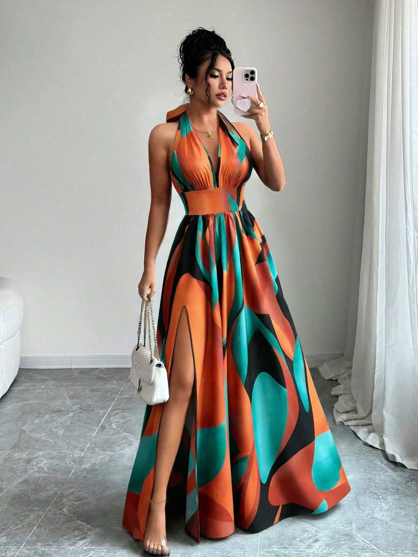 Elenzga Summer Elegant Vacation Women Dress,French Style High-End V-Neck Halter Backless A-Line Split - image 9
