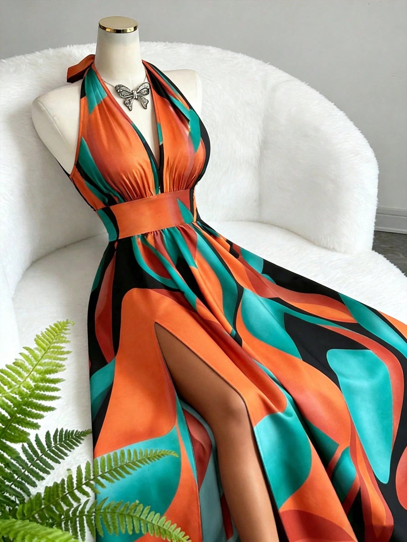 Elenzga Summer Elegant Vacation Women Dress,French Style High-End V-Neck Halter Backless A-Line Split - image 10