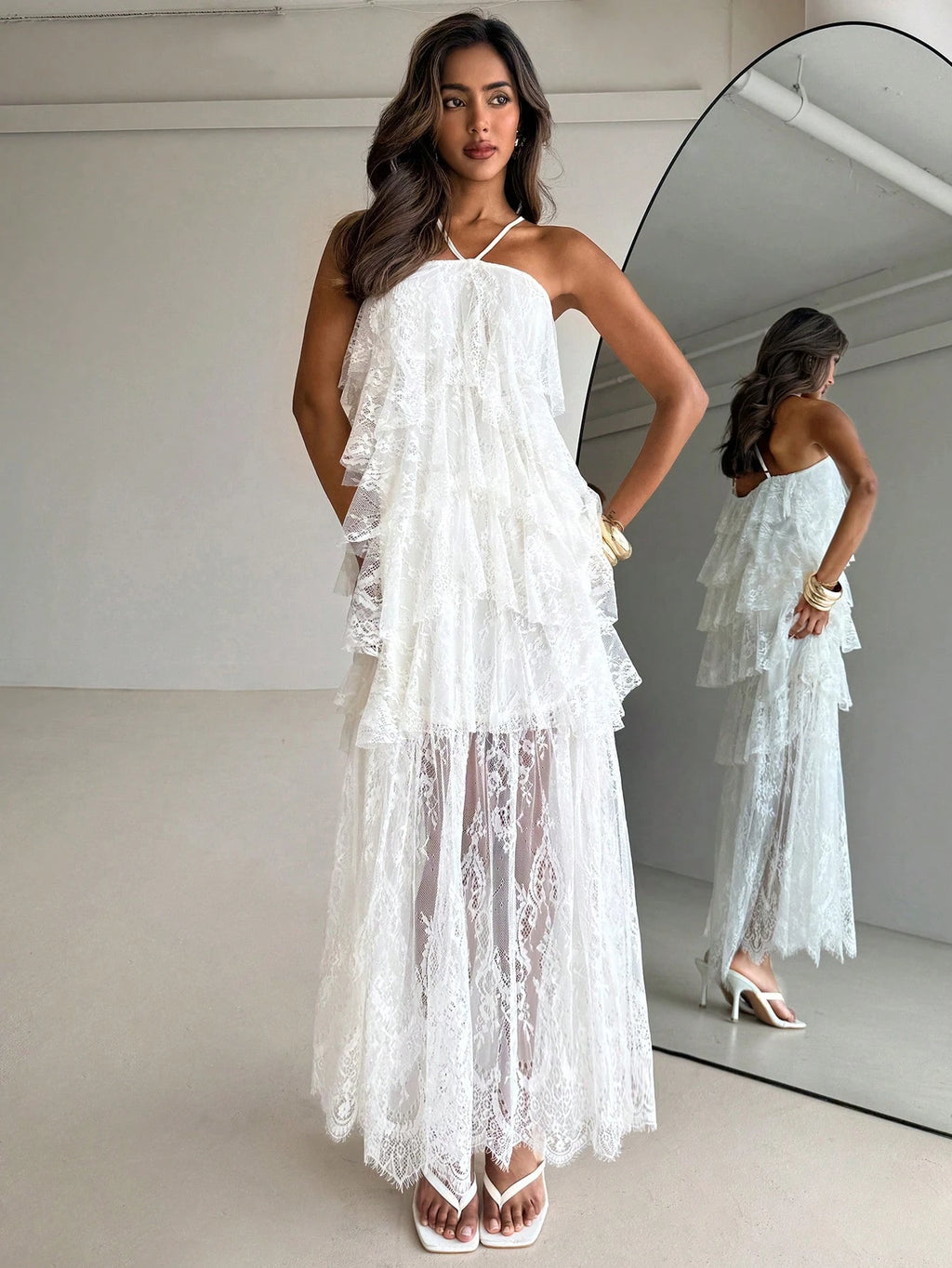 Aloruh Women's Elegant White Floral Lace Patchwork Maxi Dress,Modest