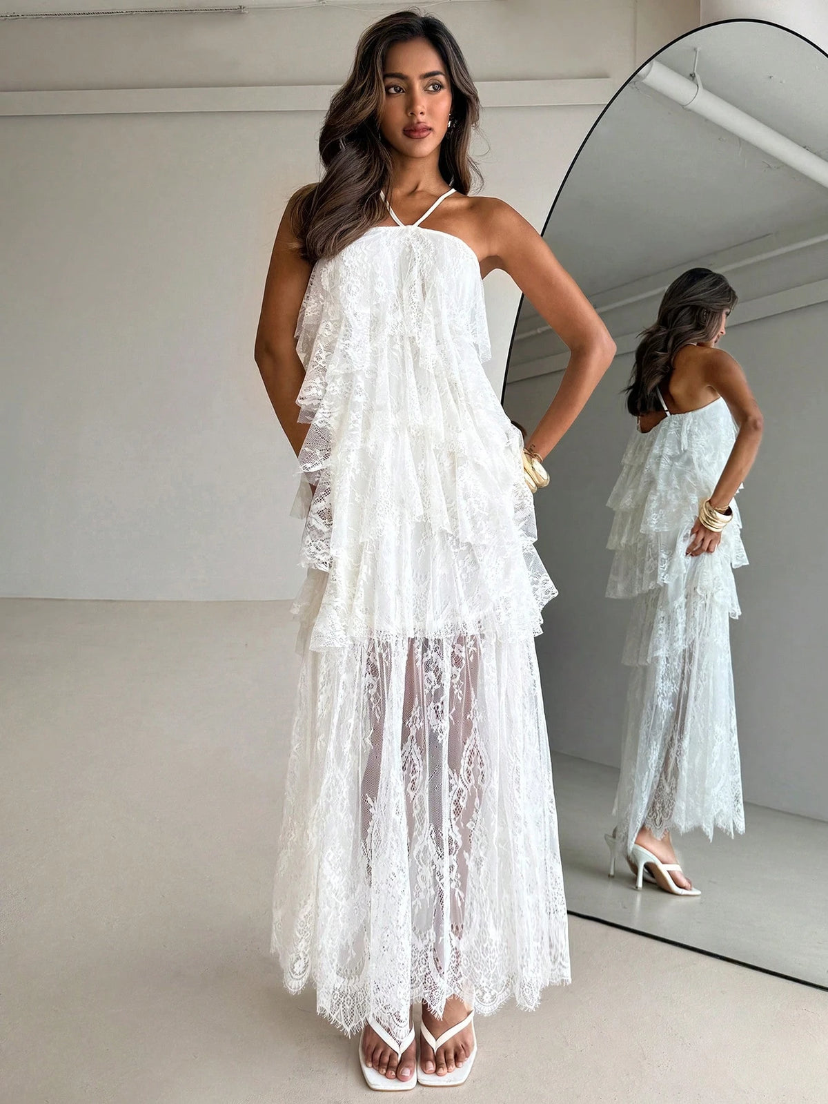 Aloruh Women's Elegant White Floral Lace Patchwork Maxi Dress,Modest White Tiered Cake Dress For - image 12