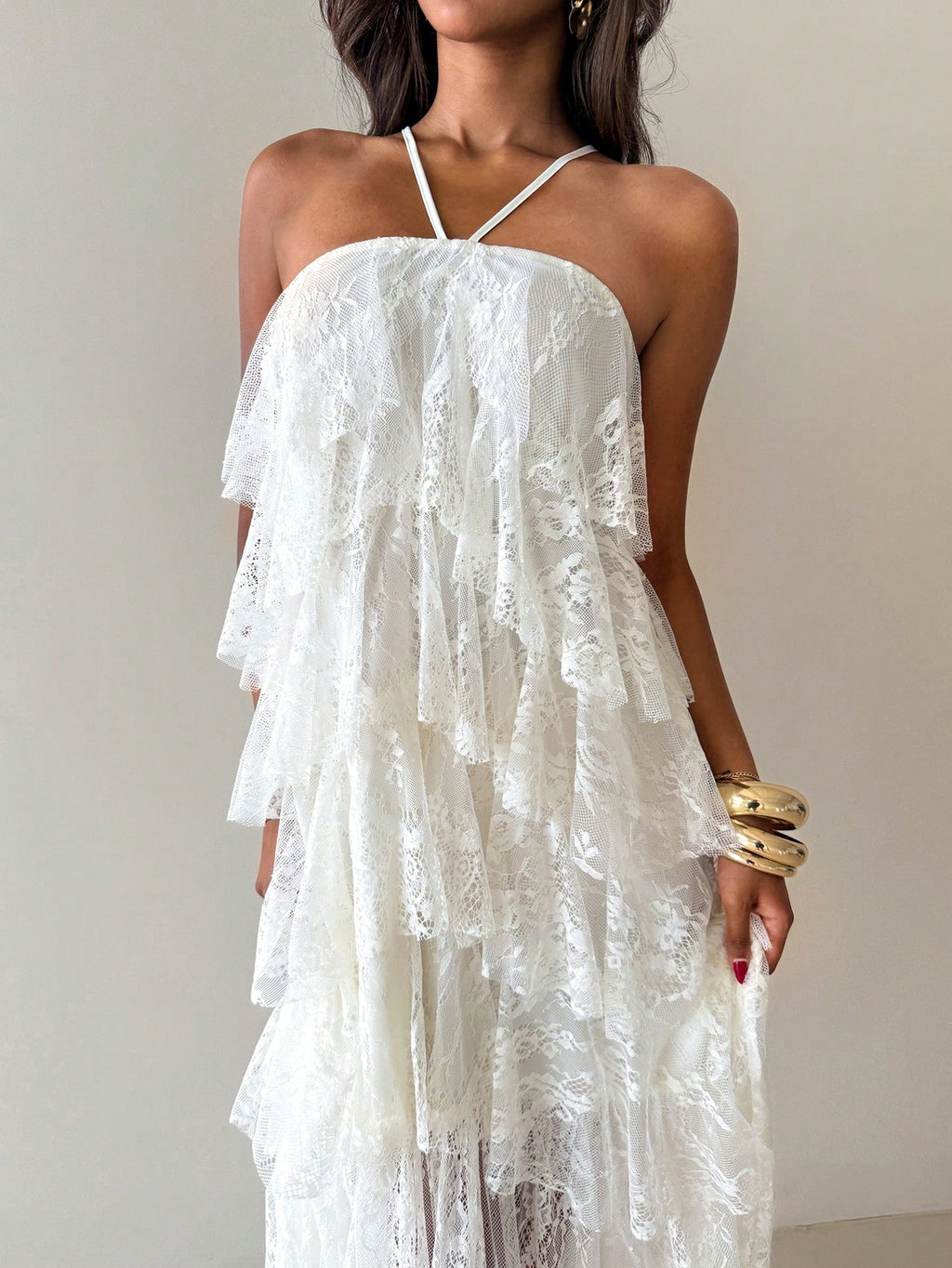 Aloruh Women's Elegant White Floral Lace Patchwork Maxi Dress,Modest