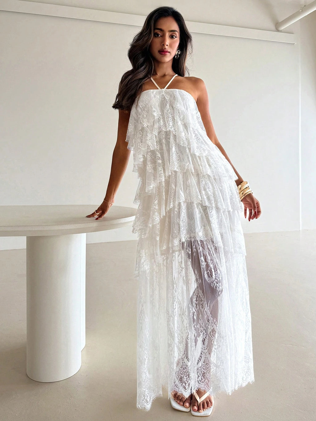 Aloruh Women's Elegant White Floral Lace Patchwork Maxi Dress,Modest