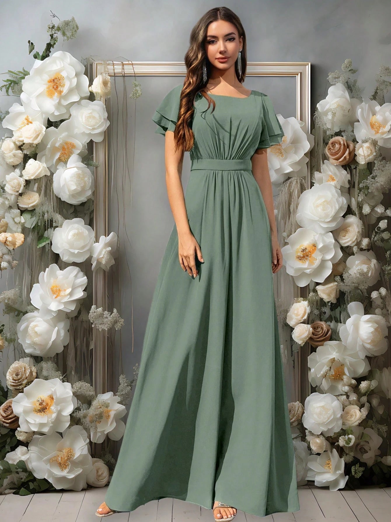 Volly Toych Elegant Matcha Green Long Bridesmaid Dress, Round Neck