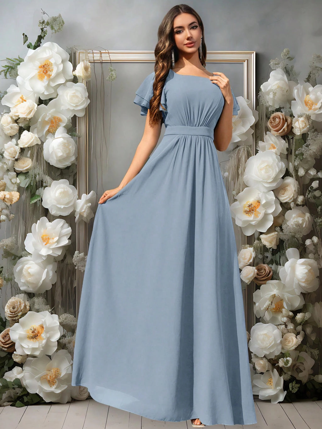 Volly Toych Elegant Matcha Green Long Bridesmaid Dress, Round Neck Ruffle Short Sleeve, Flowing Chiffon - image 9