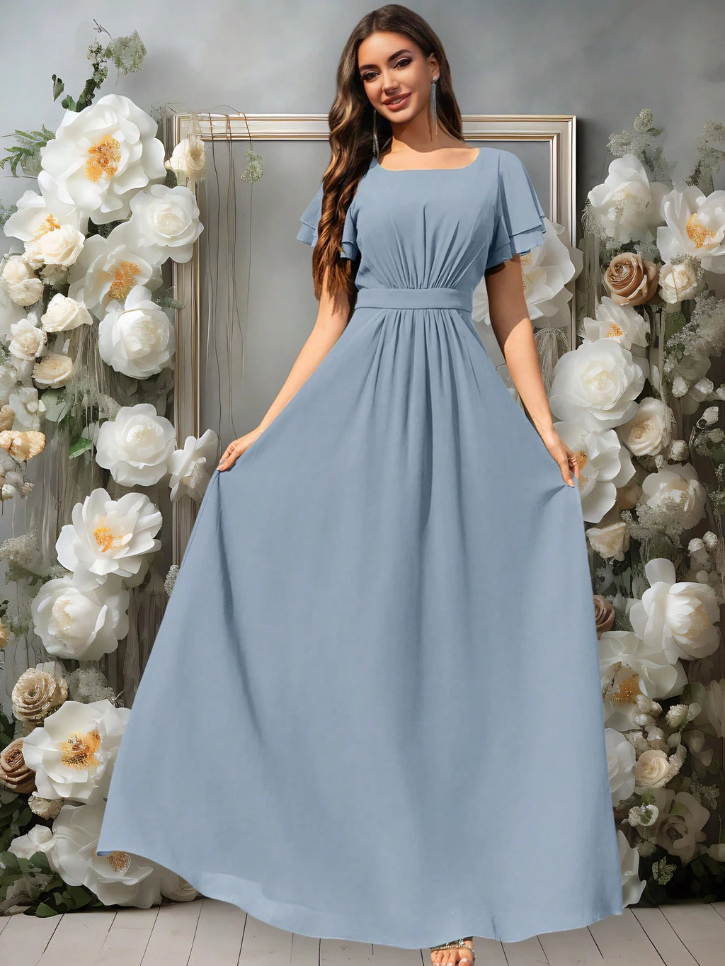 Volly Toych Elegant Light Blue Bridesmaid Dress, Flowing Chiffon Maxi Skirt, Ruffle Short Sleeves And Draped - image 10