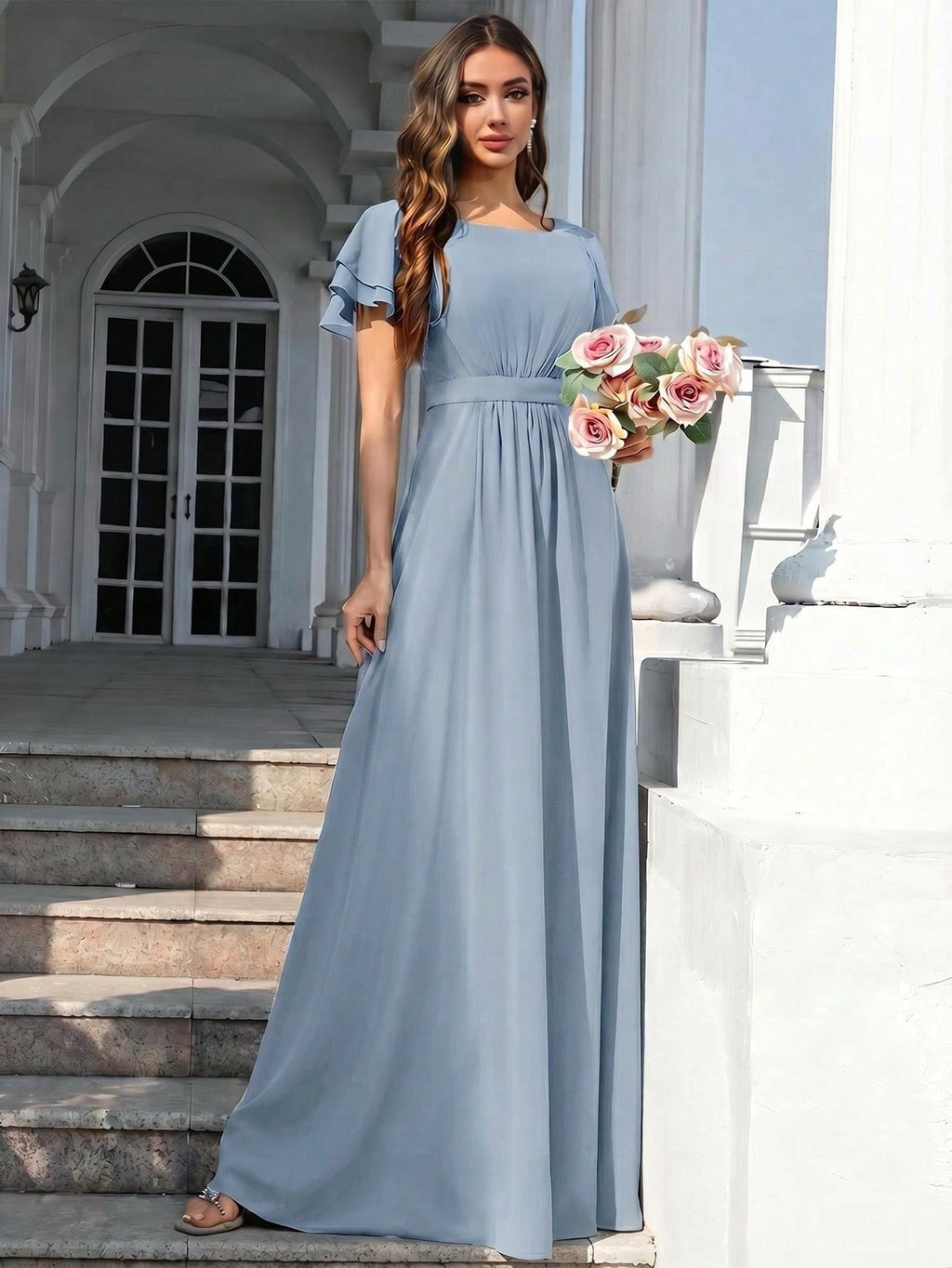 Volly Toych Elegant Light Blue Bridesmaid Dress, Flowing Chiffon Maxi Skirt, Ruffle Short Sleeves And Draped - image 11