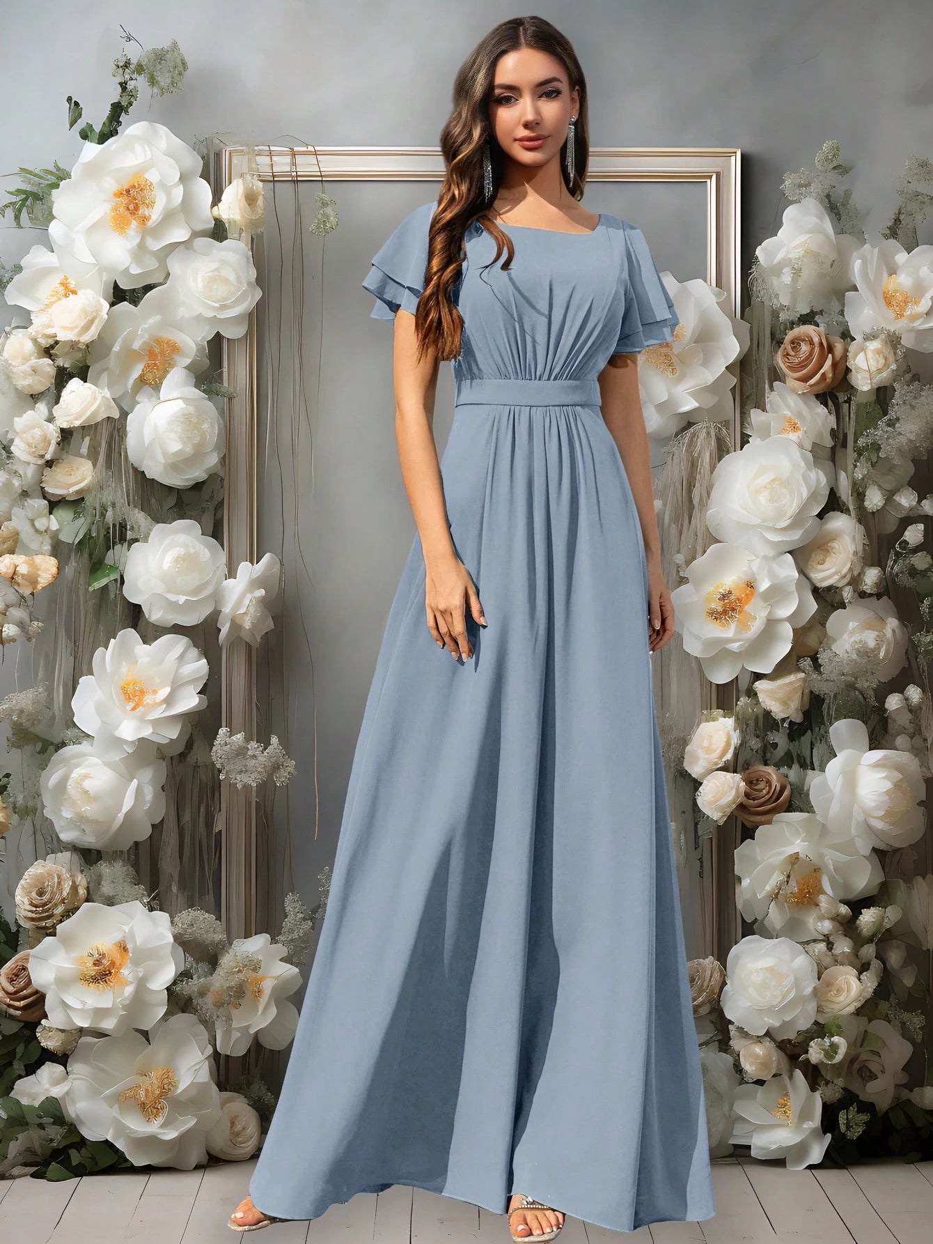 Volly Toych Elegant Light Blue Bridesmaid Dress, Flowing Chiffon Maxi Skirt, Ruffle Short Sleeves And Draped - image 7