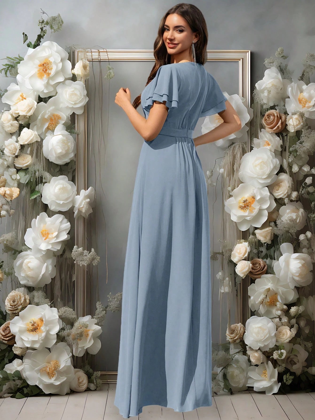 Volly Toych Elegant Light Blue Bridesmaid Dress, Flowing Chiffon Maxi Skirt, Ruffle Short Sleeves And Draped - image 8