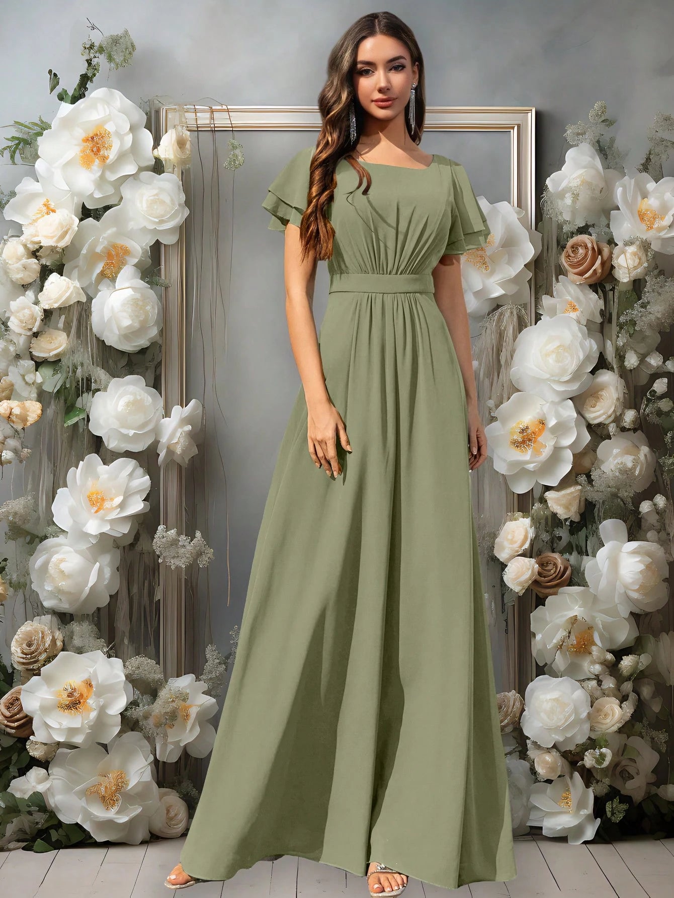 Volly Toych Elegant Matcha Green Long Bridesmaid Dress, Round Neck