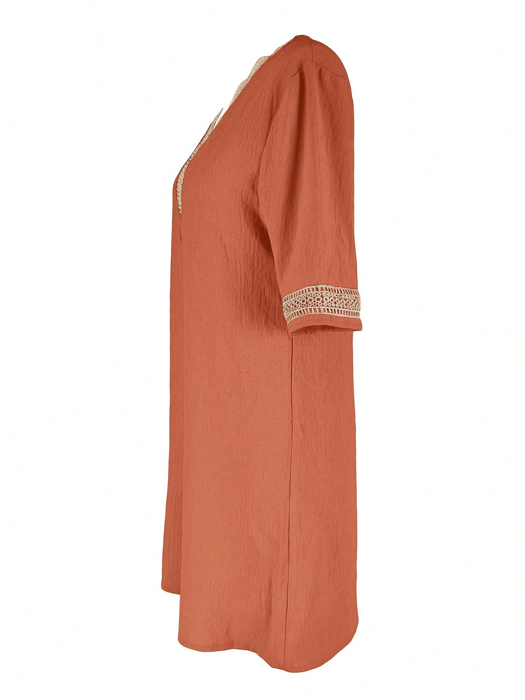 Kayi Solid Color Short Sleeve V-Neck Lace Trim Ice Silk Crinkle
