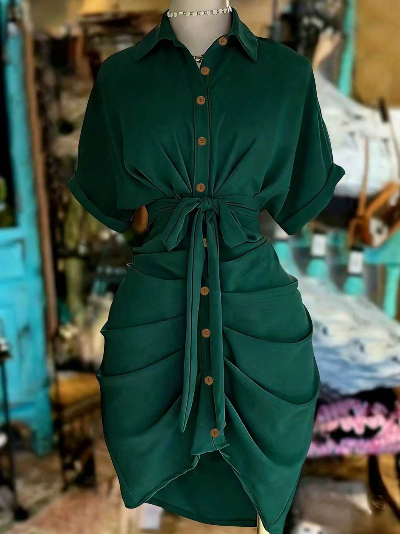 EMERY ROSE Collared Single-Breasted Tie-Waist Short Sleeve Shirt Dress