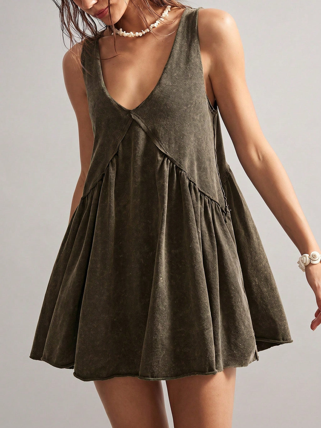 Bohemela Casual Solid Color V-Neck Loose Knit Mini Dress For