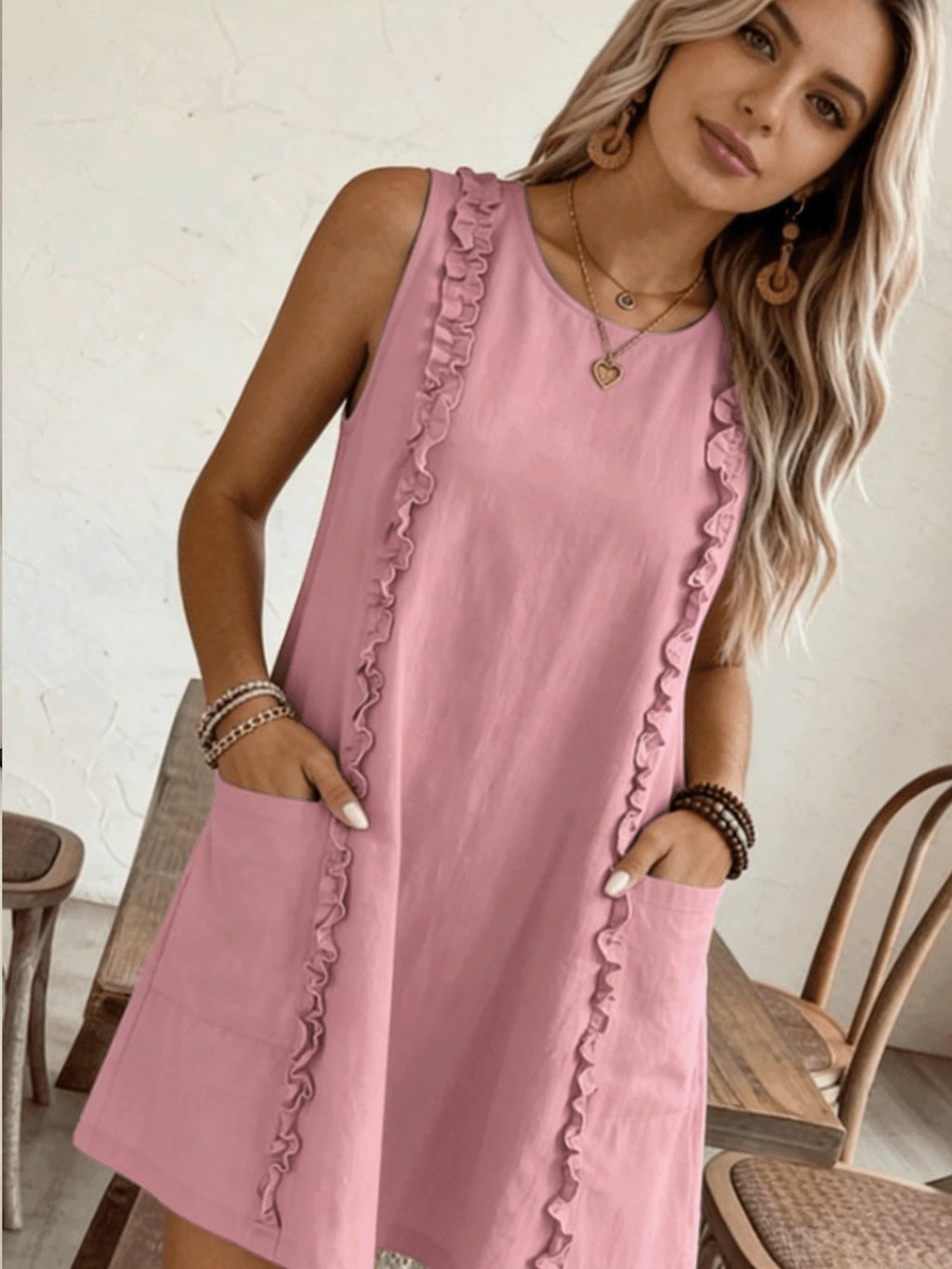 2026 Women's Casual Sleeveless Ruffle Mini Dress, Round Neck Loose