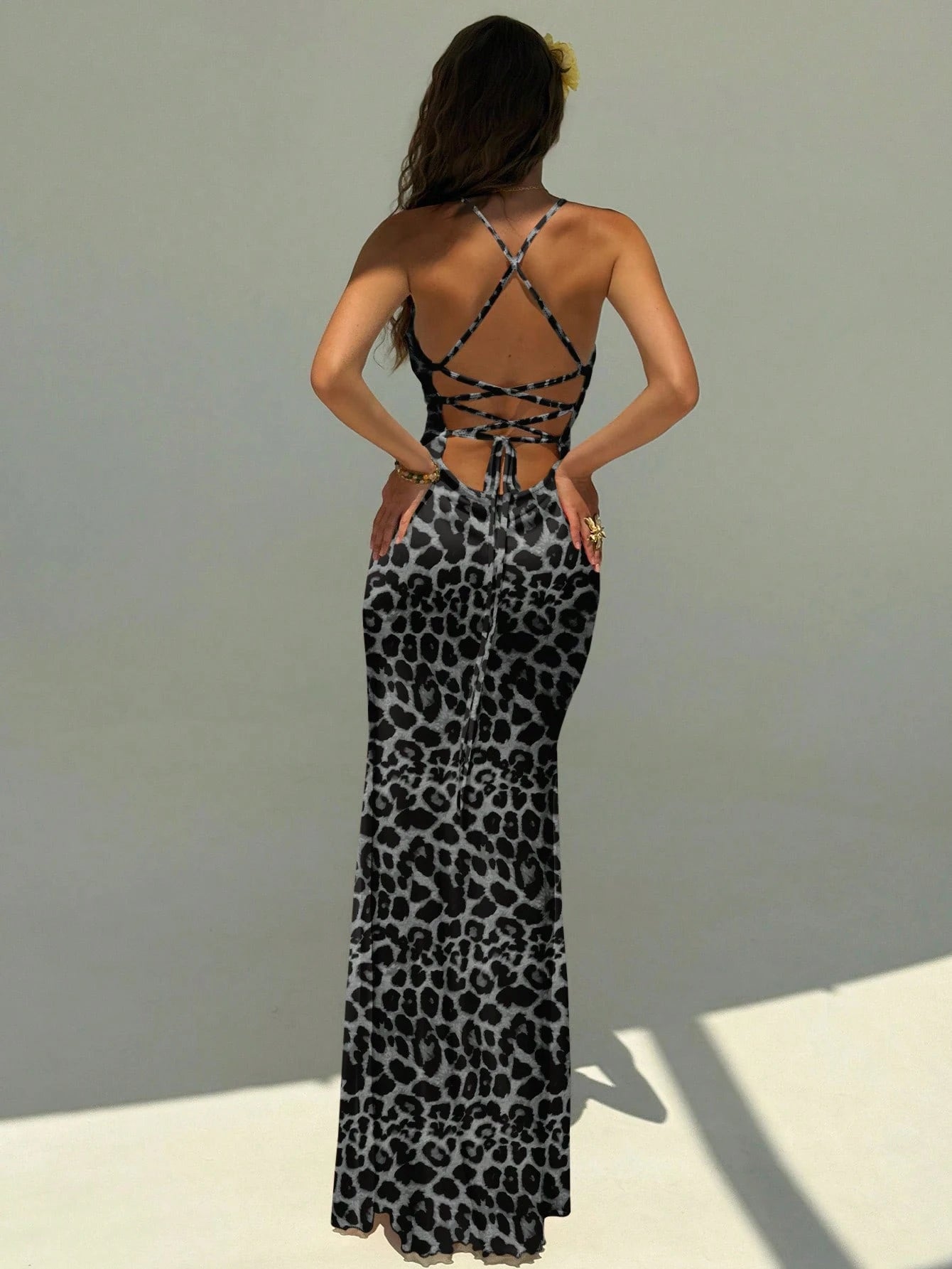 Aloruh Women's Elegant Leopard Print Backless Halter Maxi Party