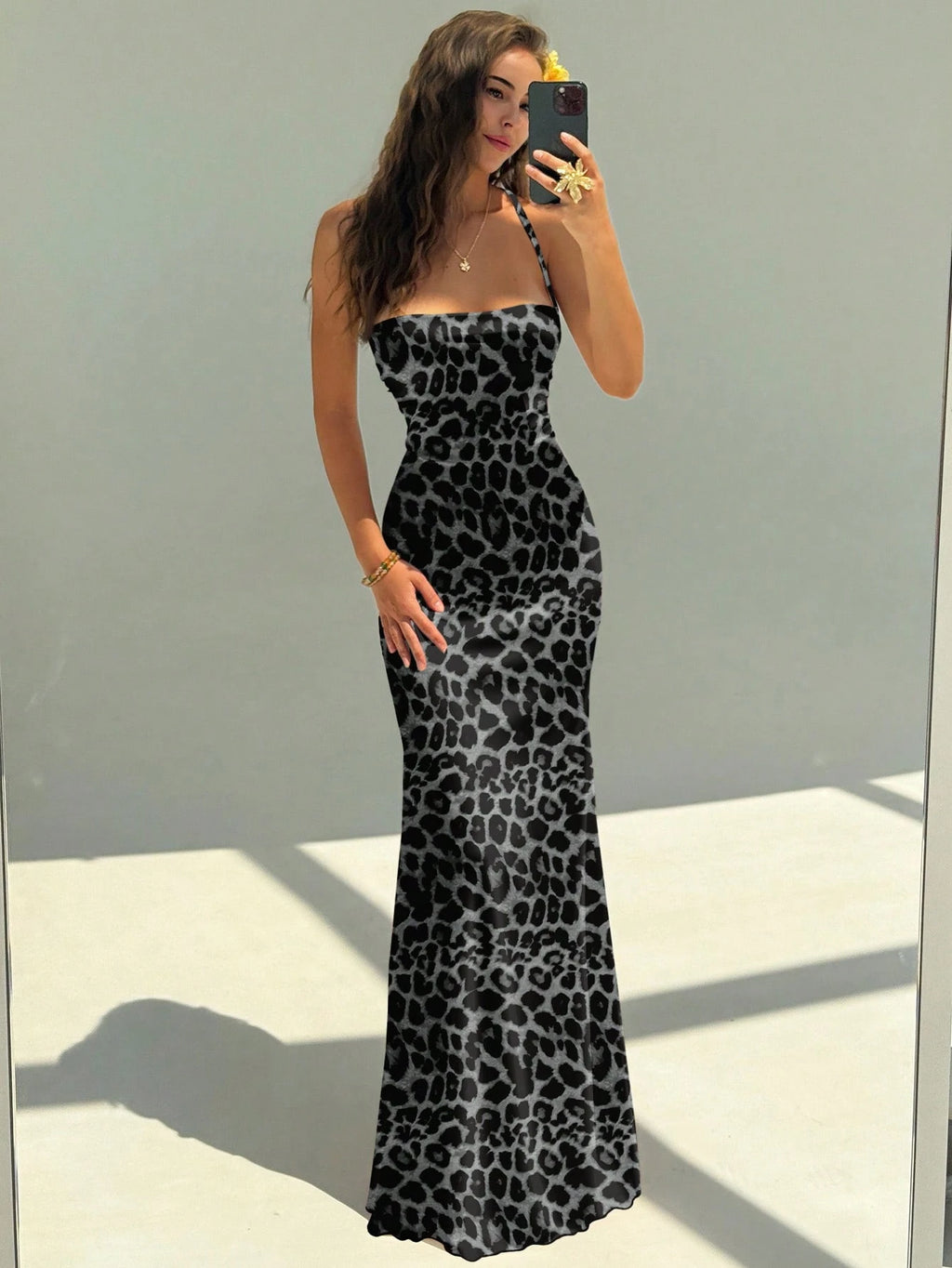 Aloruh Women's Elegant Leopard Print Backless Halter Maxi Party