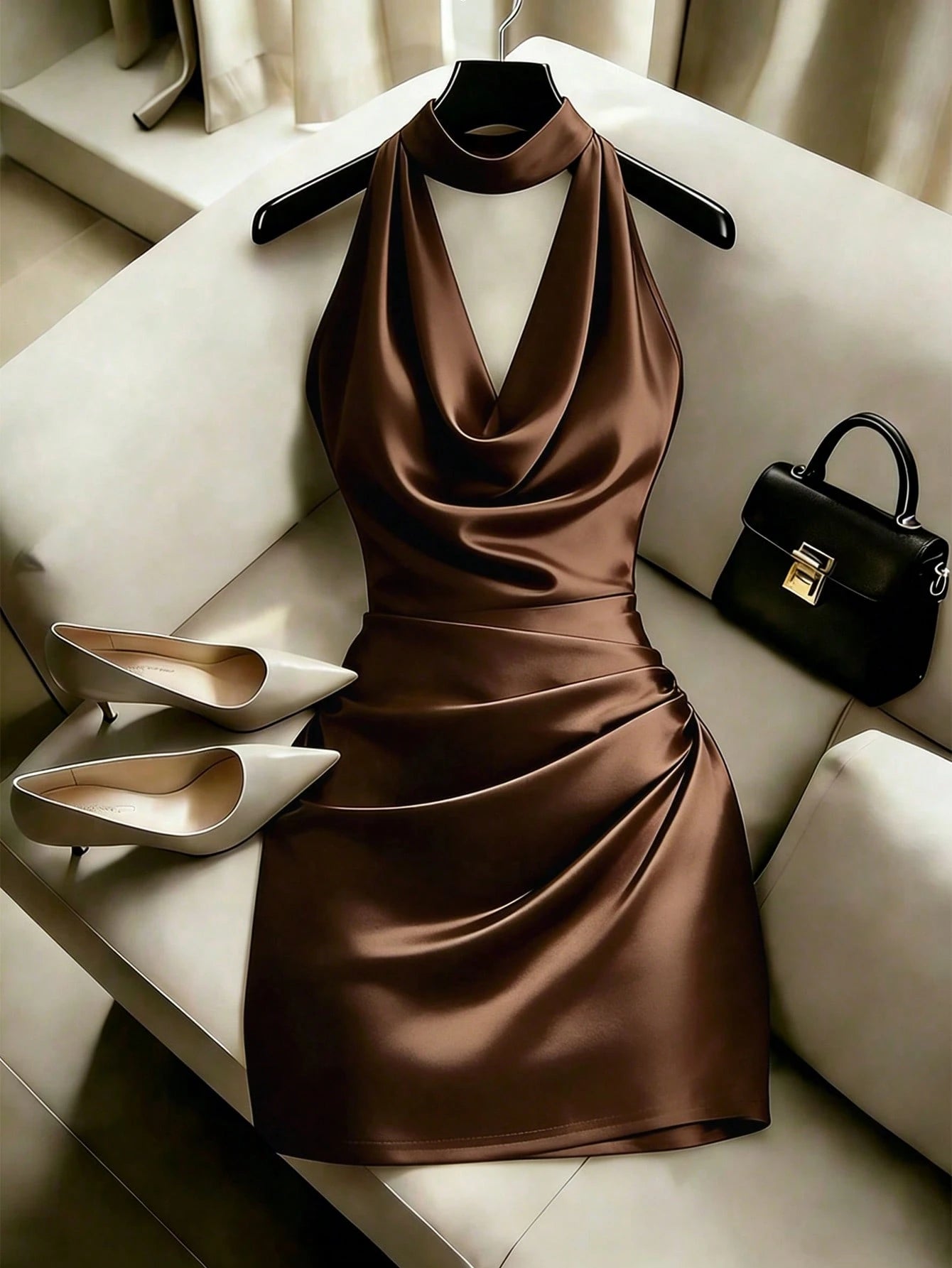 Franclia Fashionable New Elegant Draped Neck Brown Dress, Featuring