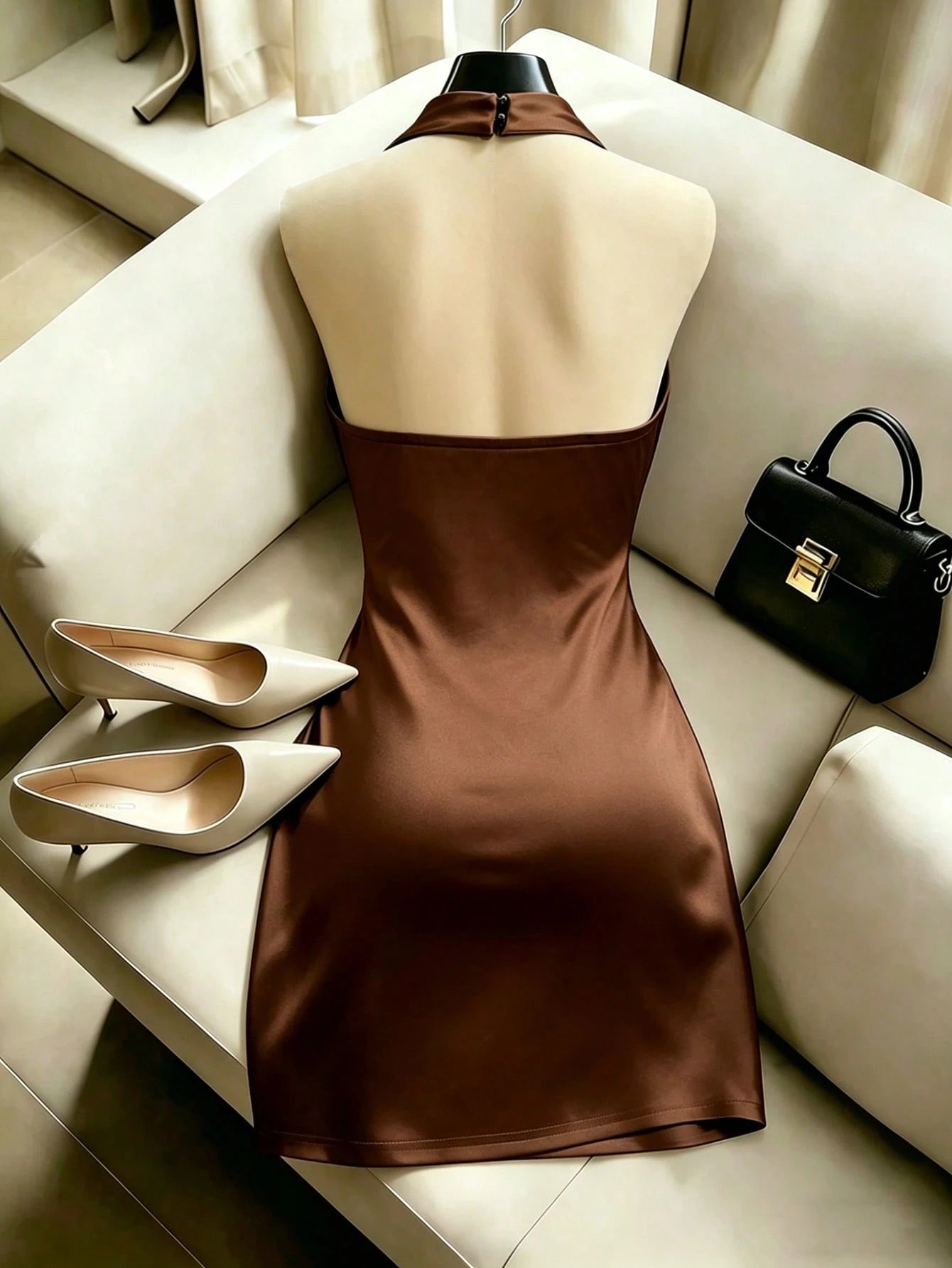 Franclia Fashionable New Elegant Draped Neck Brown Dress, Featuring