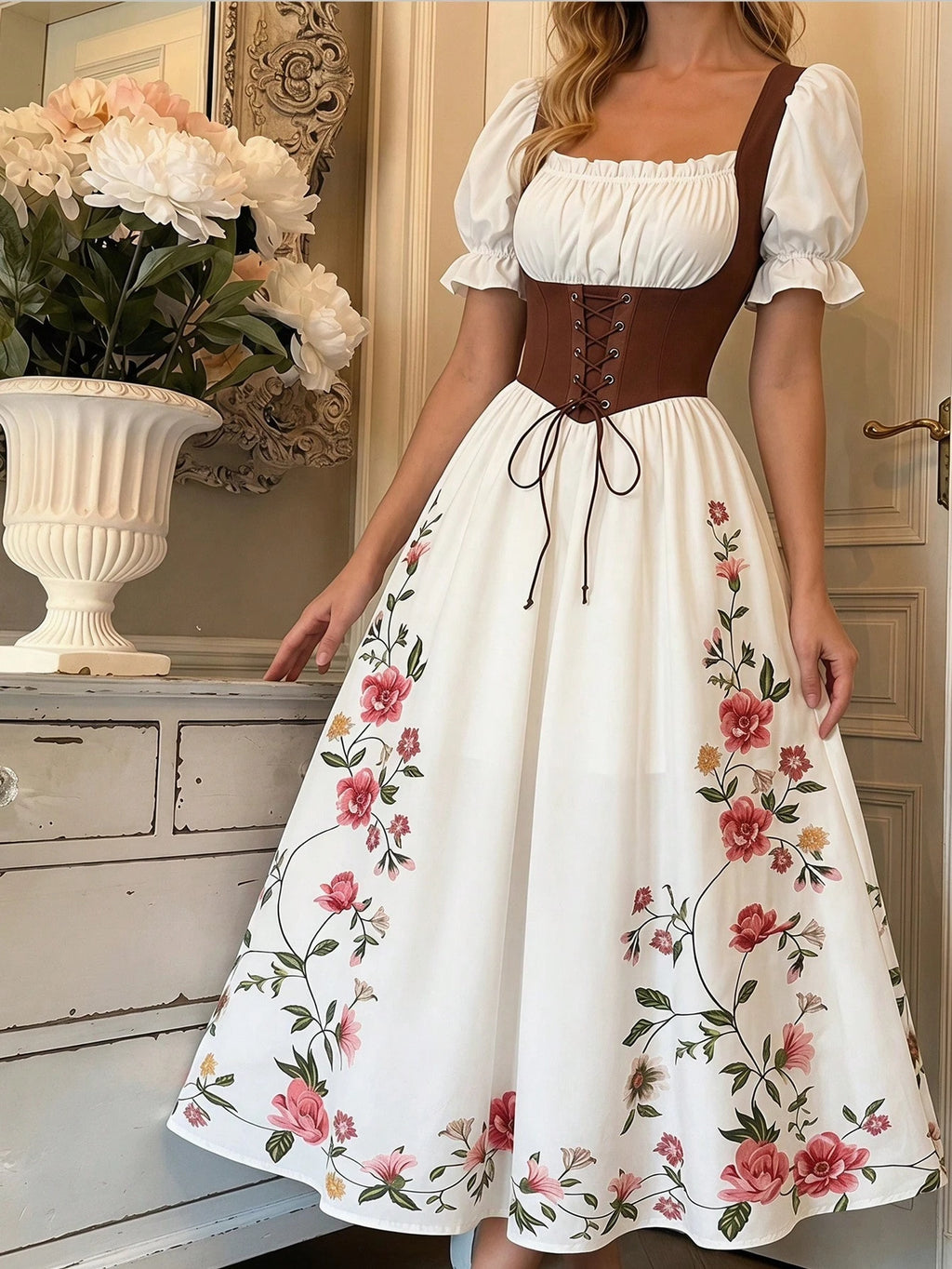 MOD Women's Floral Print Elegant White And Pink Summer Maxi