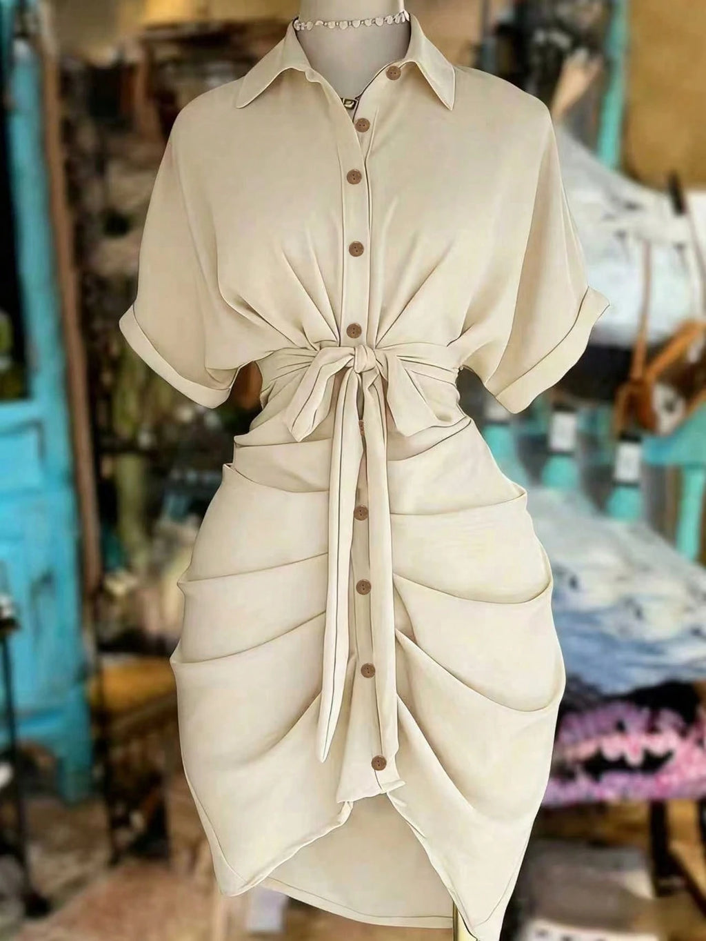 EMERY ROSE Collared Single-Breasted Tie-Waist Short Sleeve Shirt Dress
